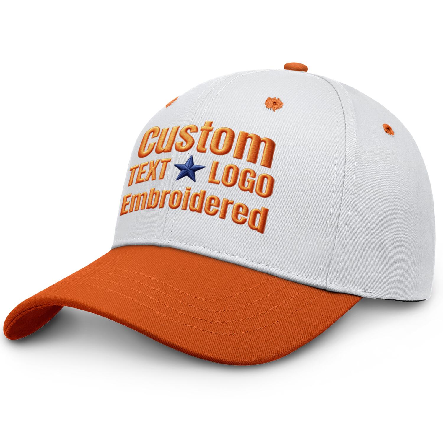 Custom embroidered or printed white & orange color block baseball cap by Vosoli | Personalized text & logo | Structured fit