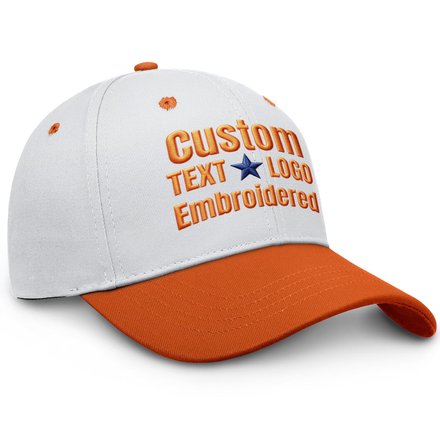 Custom Embroidered or Printed White & Orange Color Block Baseball Cap | Personalized Sport Hat