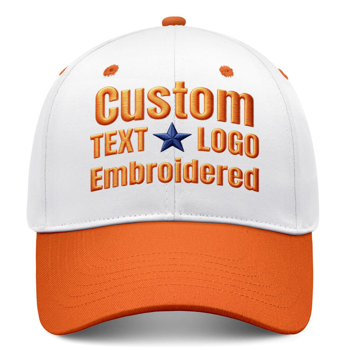Custom Embroidered or Printed White & Orange Deep Brim Baseball Cap | Personalized Sport Hat