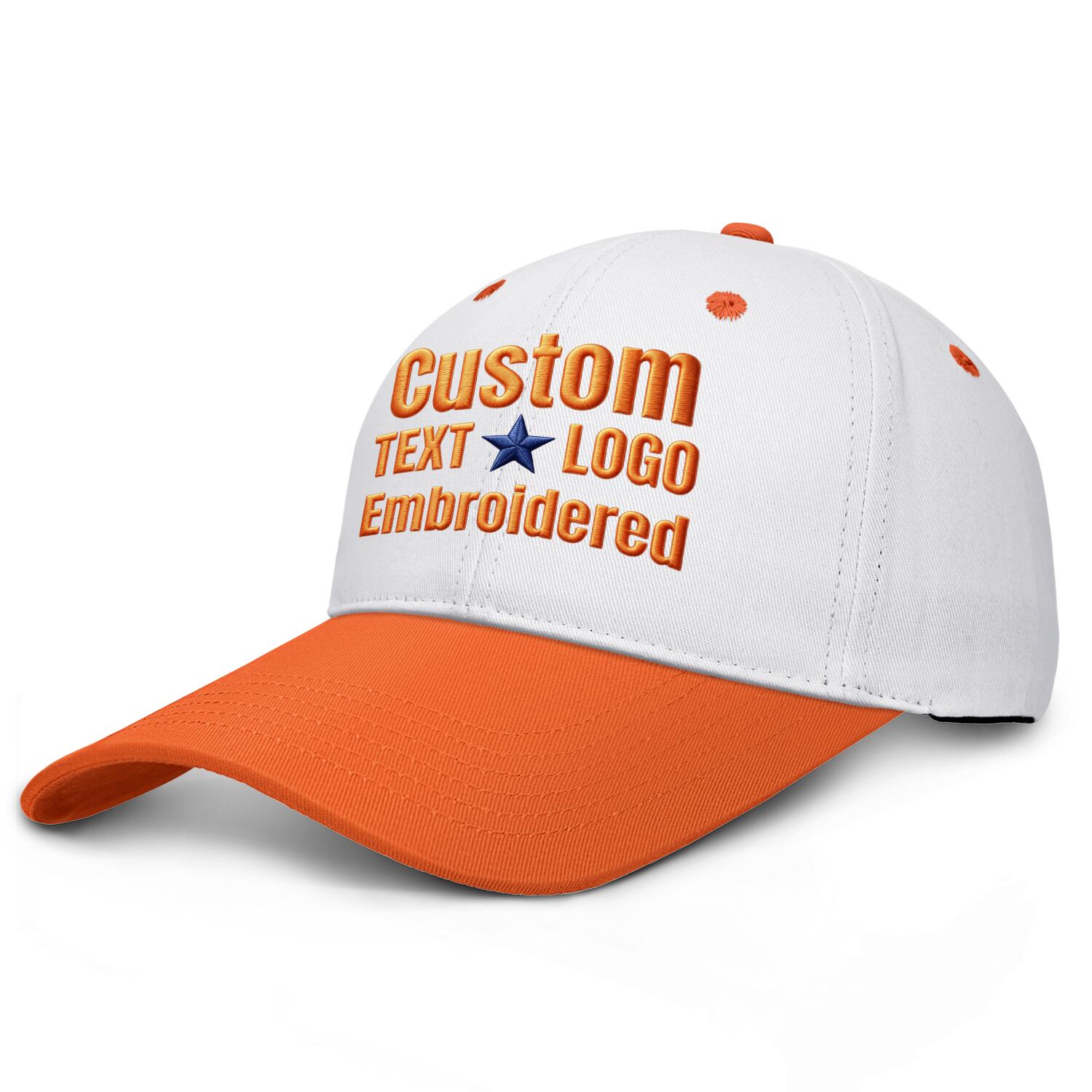 Custom embroidered or printed white & orange deep brim baseball cap by Vosoli | Personalized text & logo | Structured fit