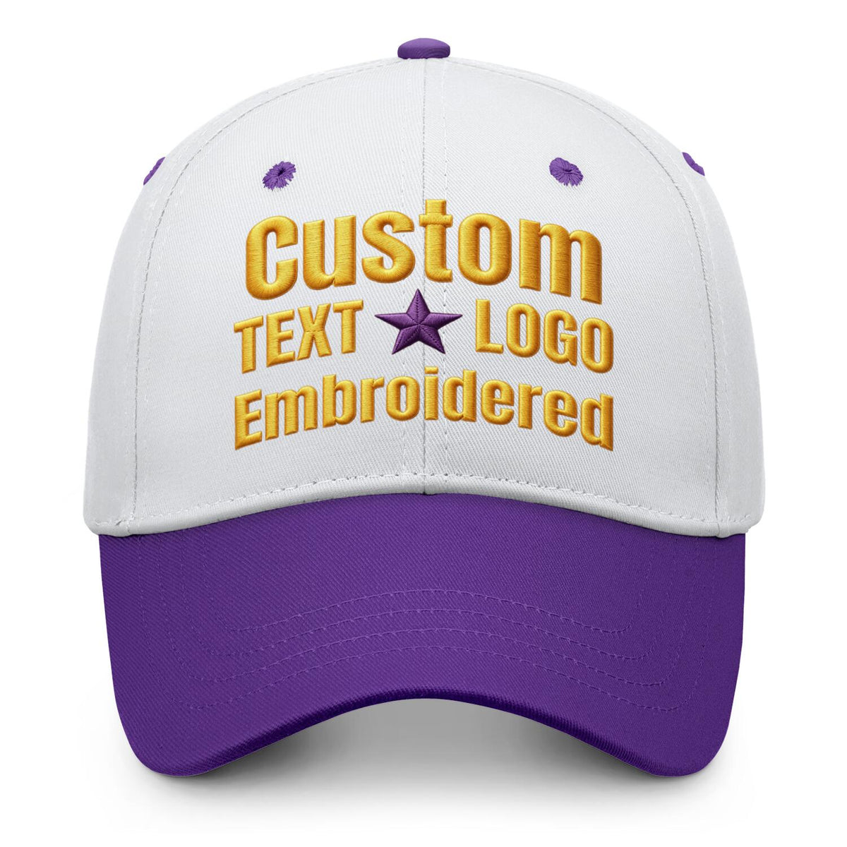 Custom embroidered or printed white &amp; purple color block baseball cap by Vosoli | Personalized text &amp; logo | Structured fit