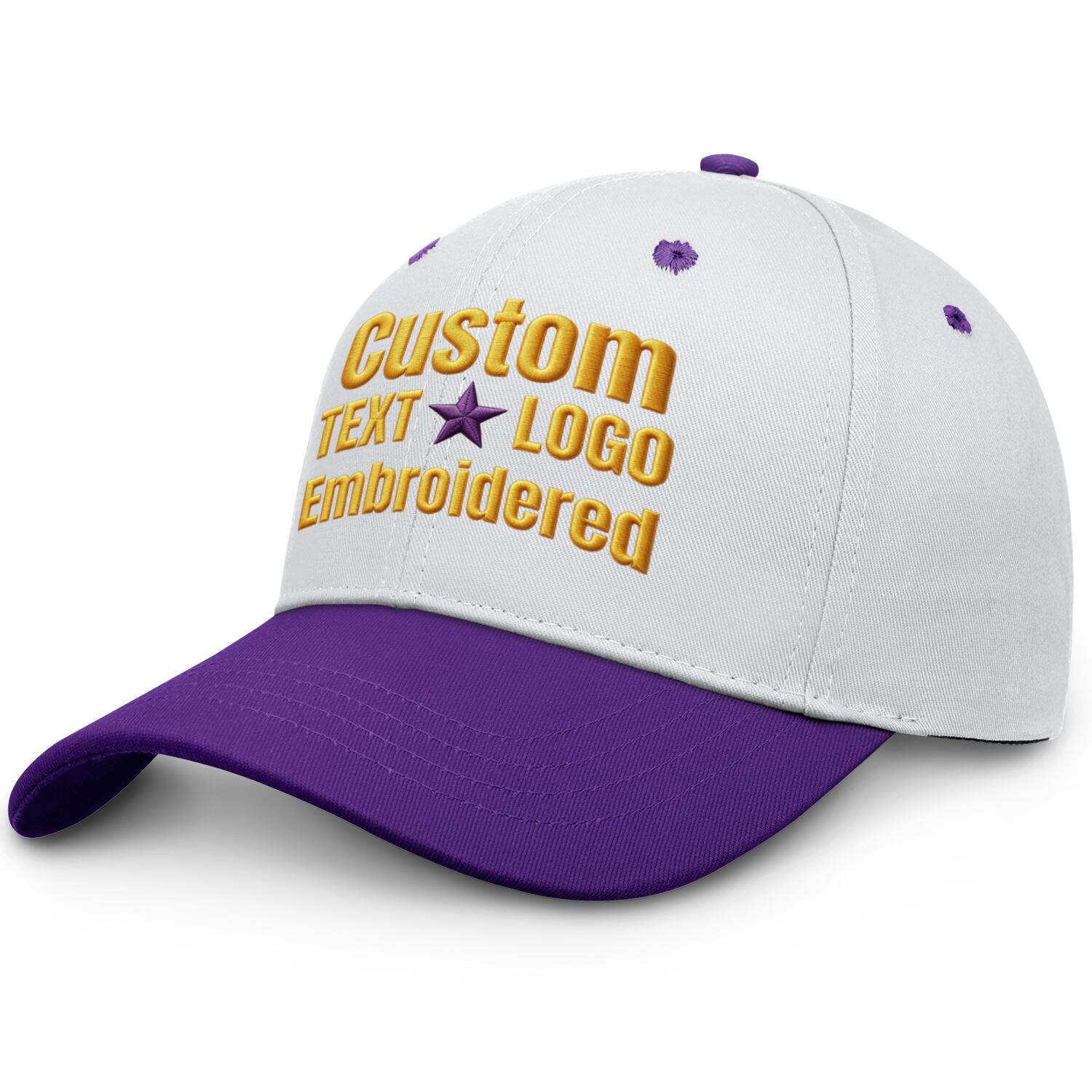 Custom embroidered or printed white & purple color block baseball cap by Vosoli | Personalized text & logo | Structured fit