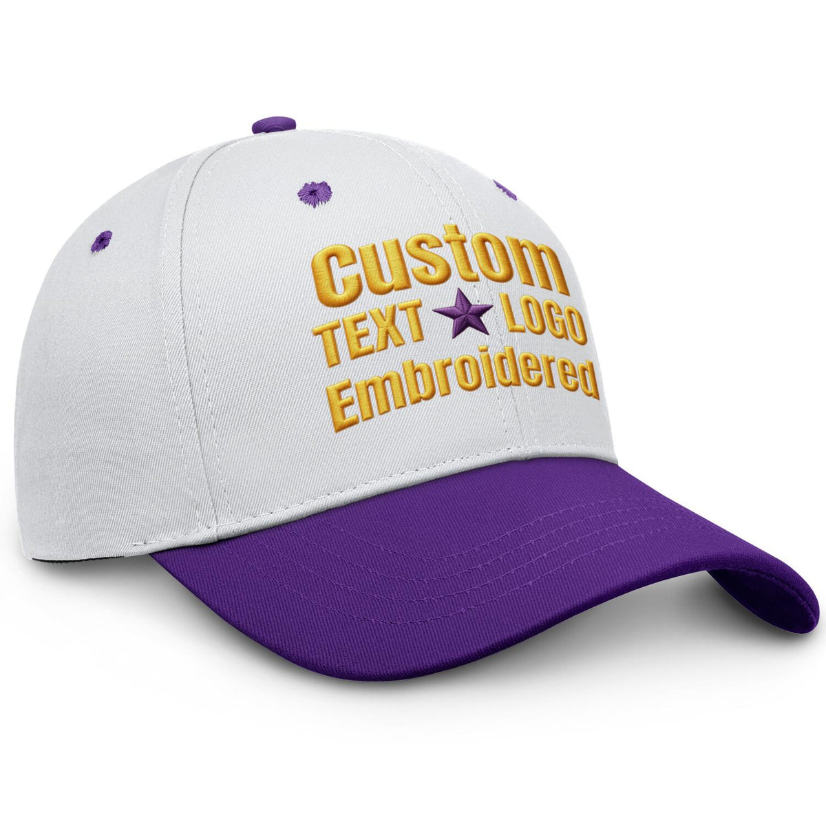 Custom Embroidered or Printed White & Purple Color Block Baseball Cap | Personalized Sport Hat