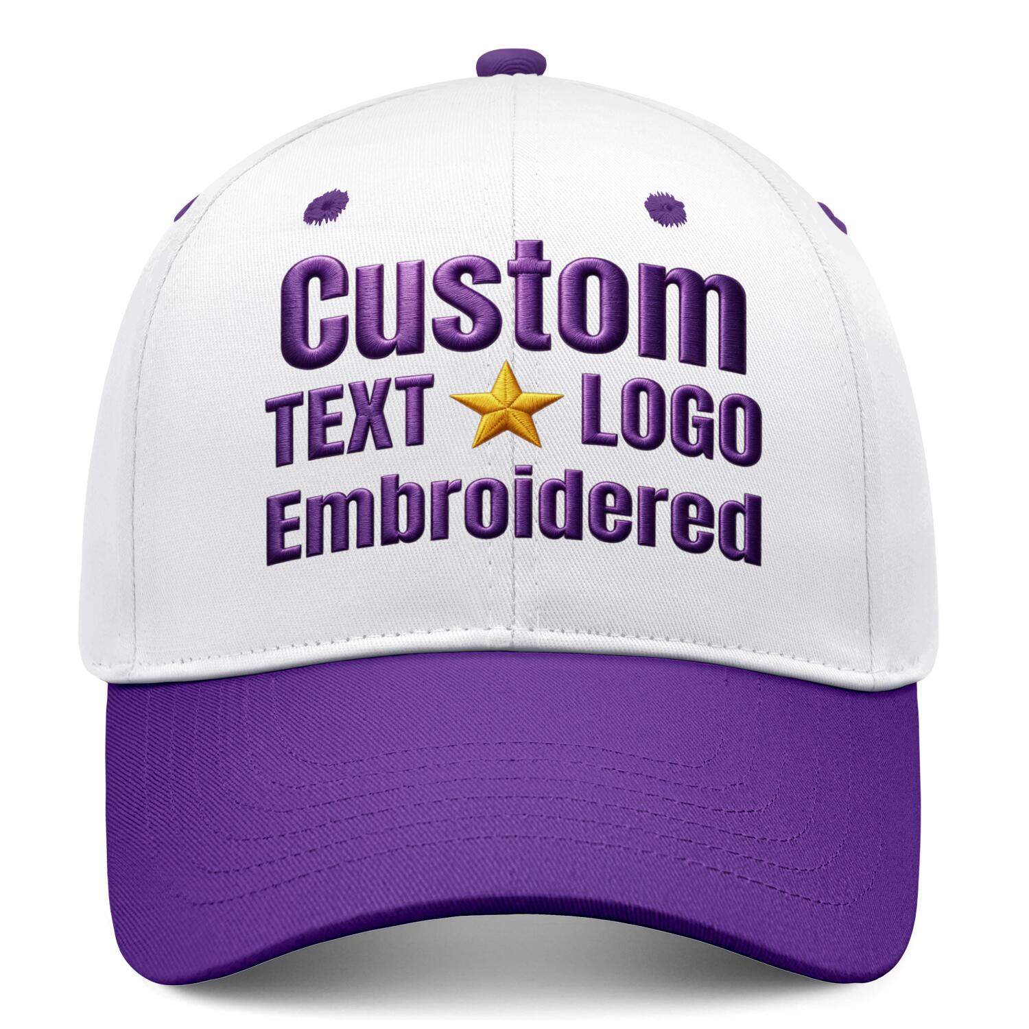 Custom embroidered or printed white & purple deep brim baseball cap by Vosoli | Personalized text & logo | Structured fit