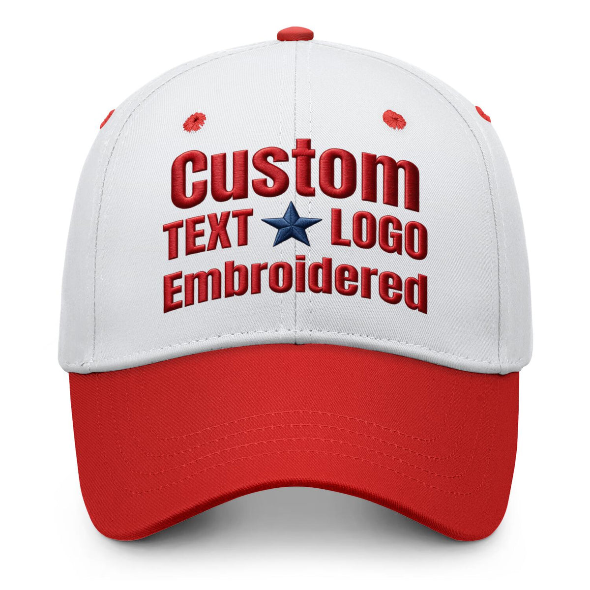 Custom embroidered or printed white &amp; red color block baseball cap by Vosoli | Personalized text &amp; logo | Structured fit