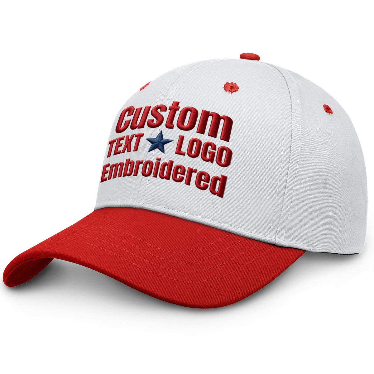Custom Embroidered or Printed White & Red Color Block Baseball Cap | Personalized Sport Hat