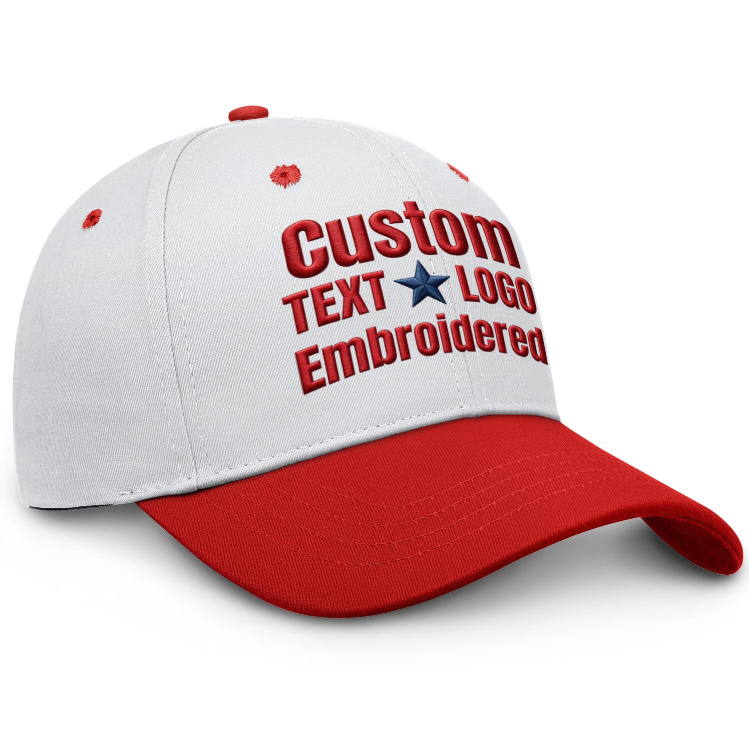 Custom Embroidered or Printed White & Red Color Block Baseball Cap | Personalized Sport Hat