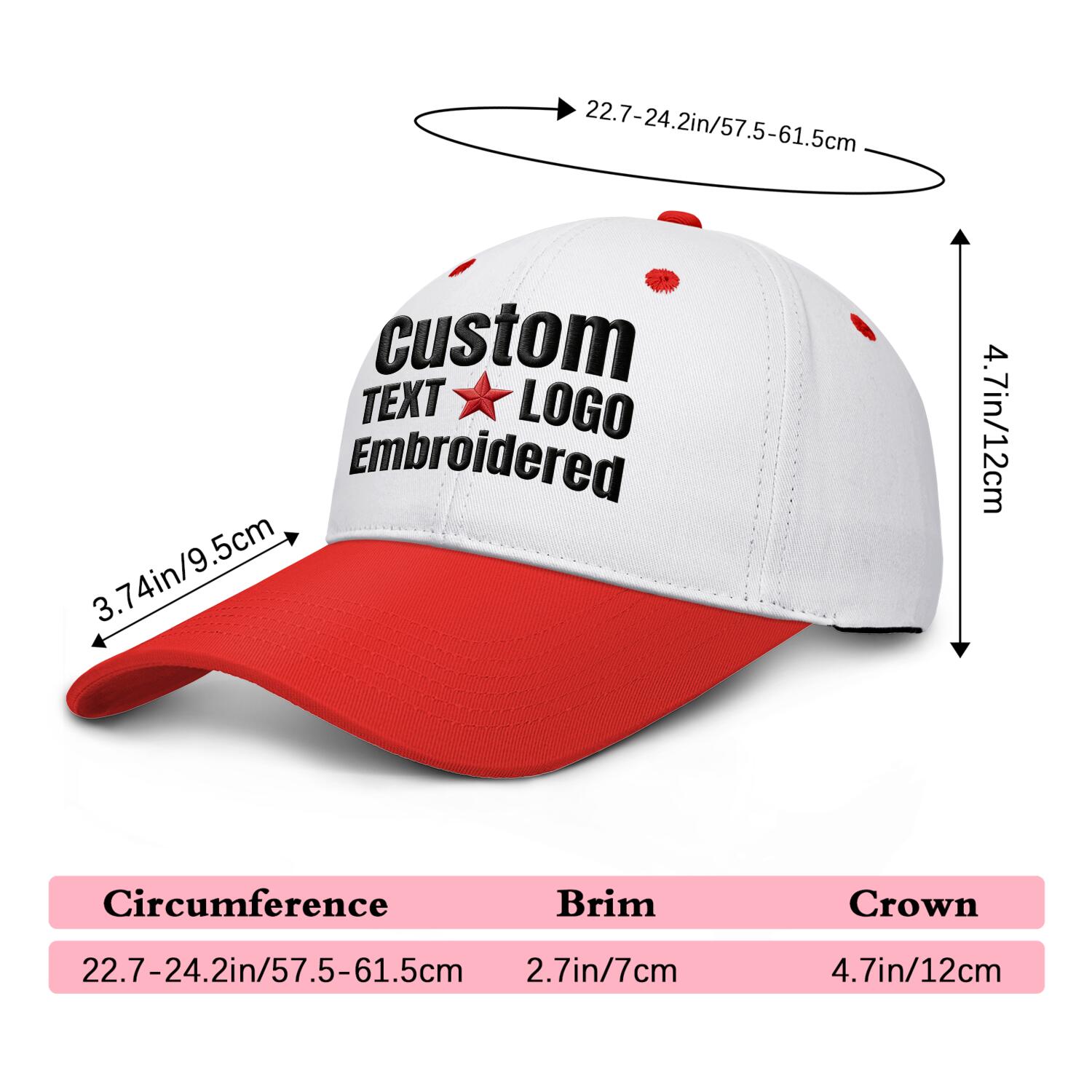 Custom Embroidered or Printed White & Red Deep Brim Baseball Cap | Personalized Sport Hat