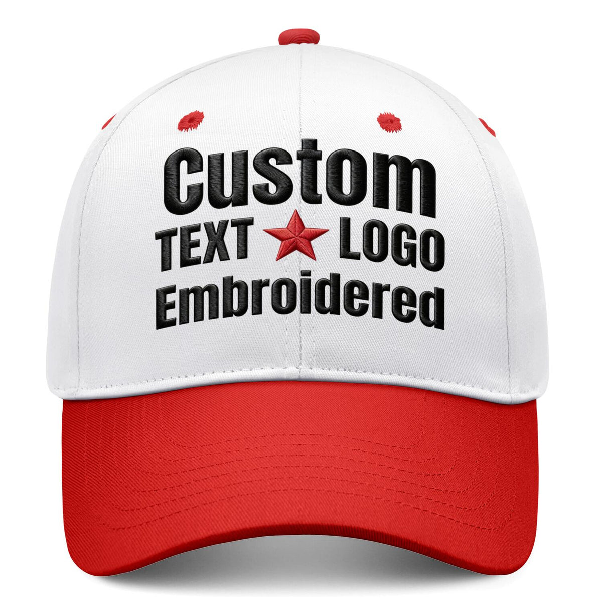 Custom Embroidered or Printed White & Red Deep Brim Baseball Cap | Personalized Sport Hat