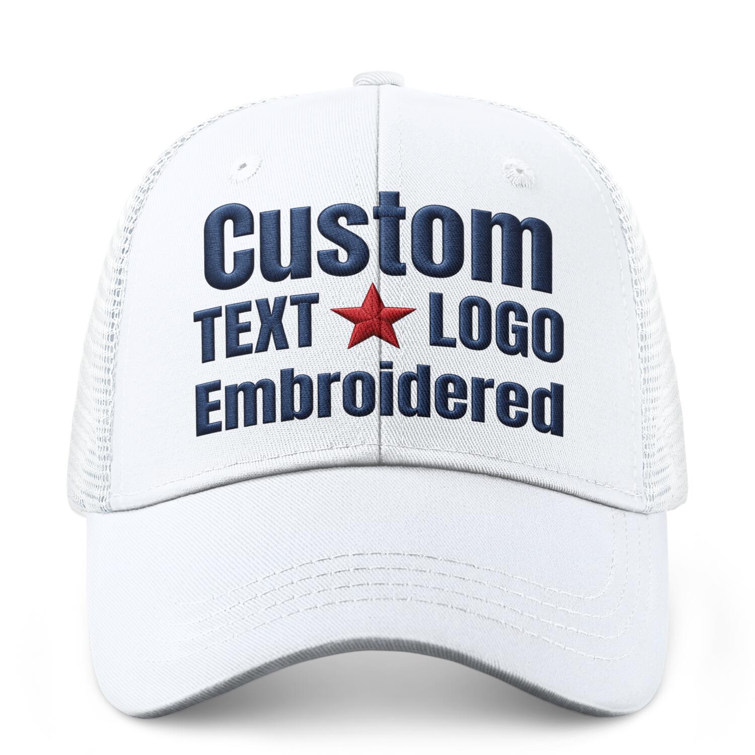 Custom embroidered white trucker cap by Vosoli | Personalized with text & logo | Breathable mesh cap