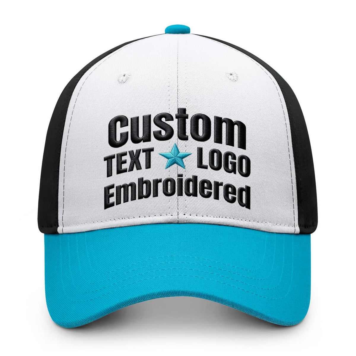 Custom embroidered or printed white &amp; turquoise color block baseball cap by Vosoli | Personalized text &amp; logo | Structured fit