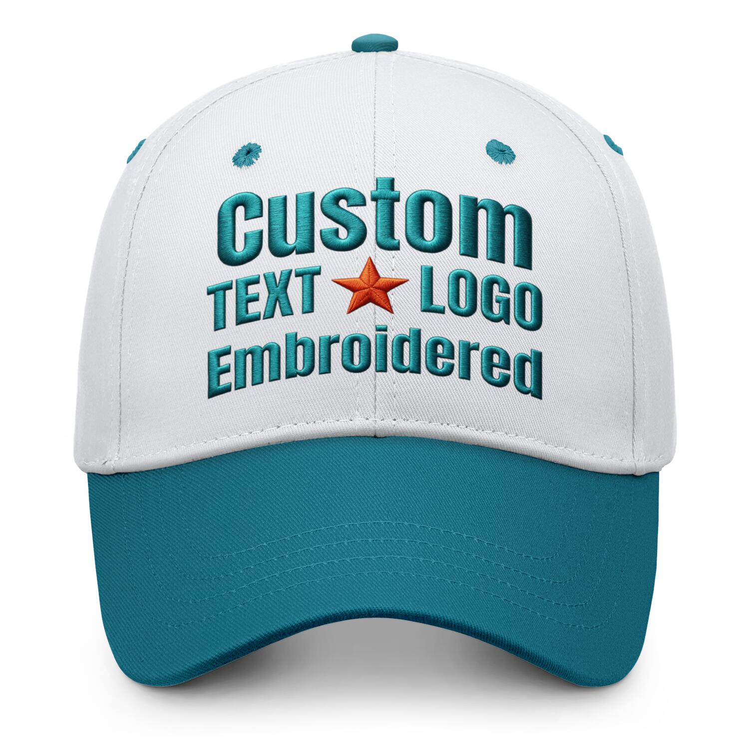 Custom embroidered or printed white & turquoise color block baseball cap by Vosoli | Personalized text & logo | Structured fit