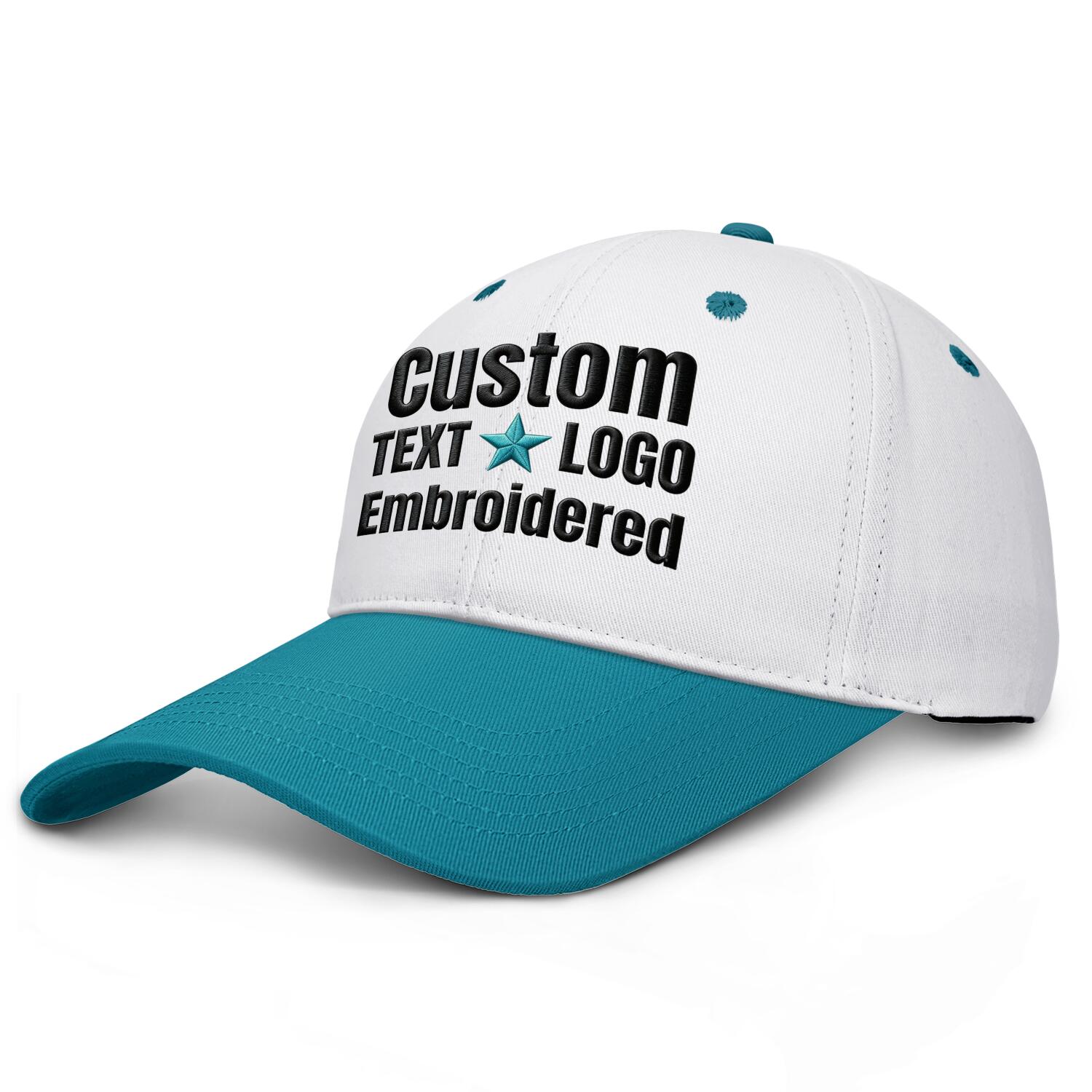 Custom embroidered or printed white & turquoise deep brim baseball cap by Vosoli | Personalized text & logo | Structured fit
