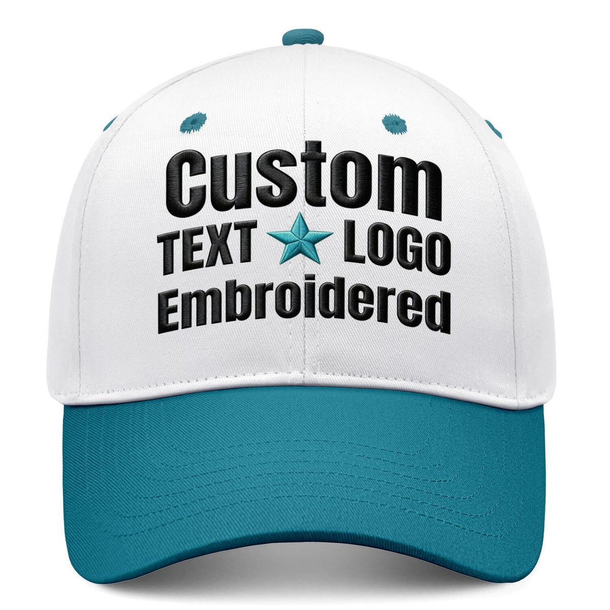 Custom Embroidered or Printed White & Turquoise Deep Brim Baseball Cap | Personalized Sport Hat