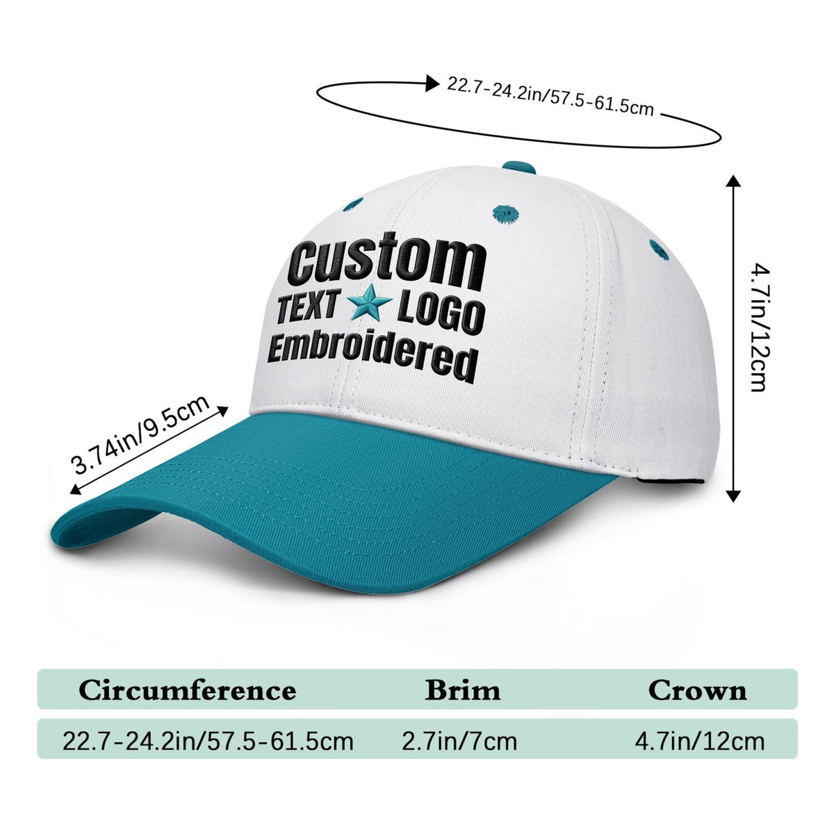 Custom Embroidered or Printed White & Turquoise Deep Brim Baseball Cap | Personalized Sport Hat