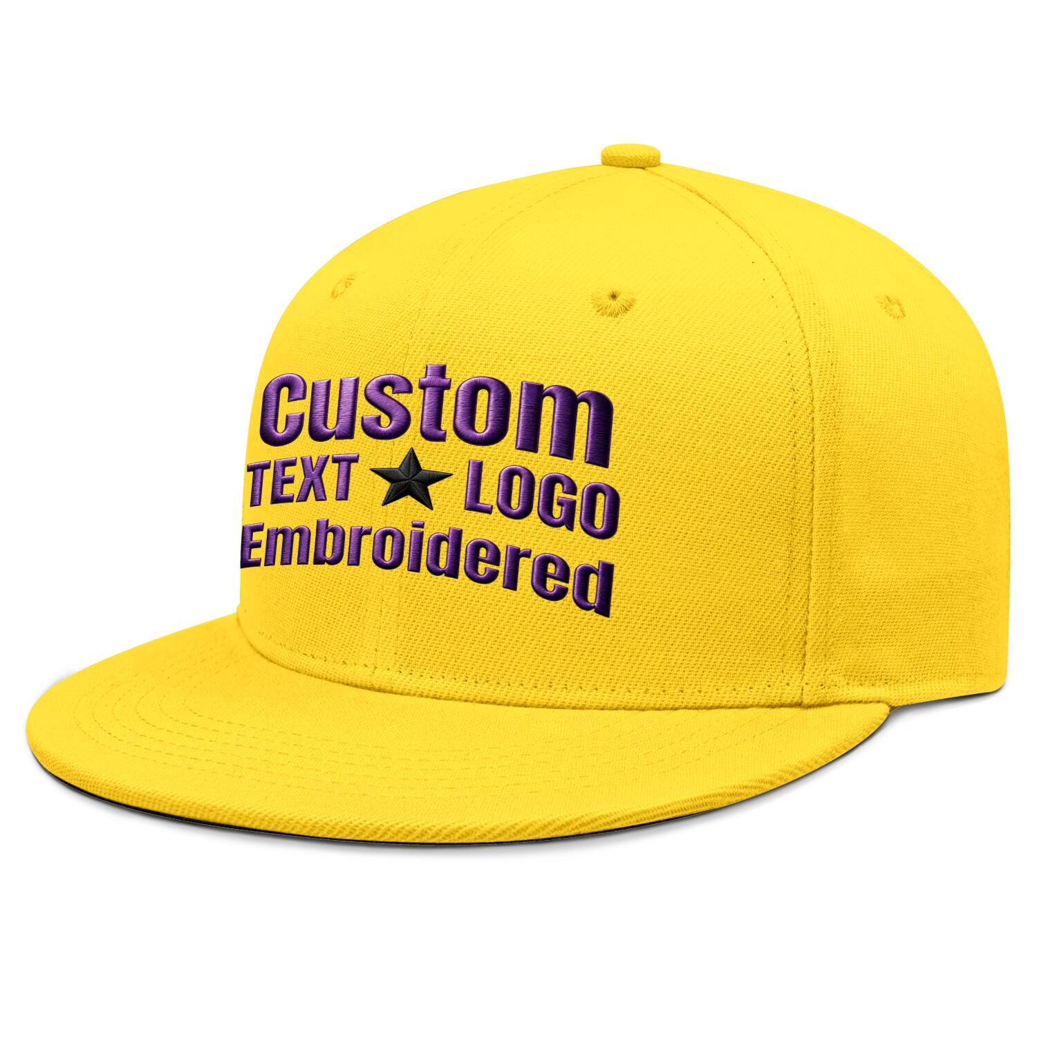 Custom embroidered or printed yellow flat-brim cap by Vosoli | Personalized text & logo