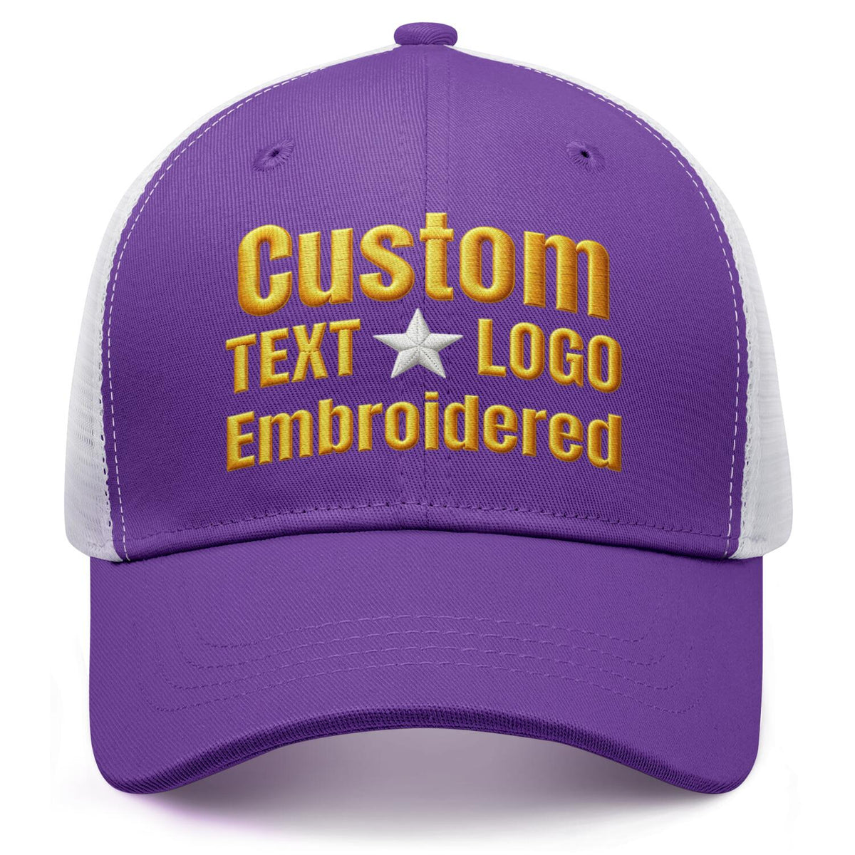 Custom embroidered purple &amp; white trucker cap by Vosoli | Personalized with text &amp; logo | Breathable mesh cap