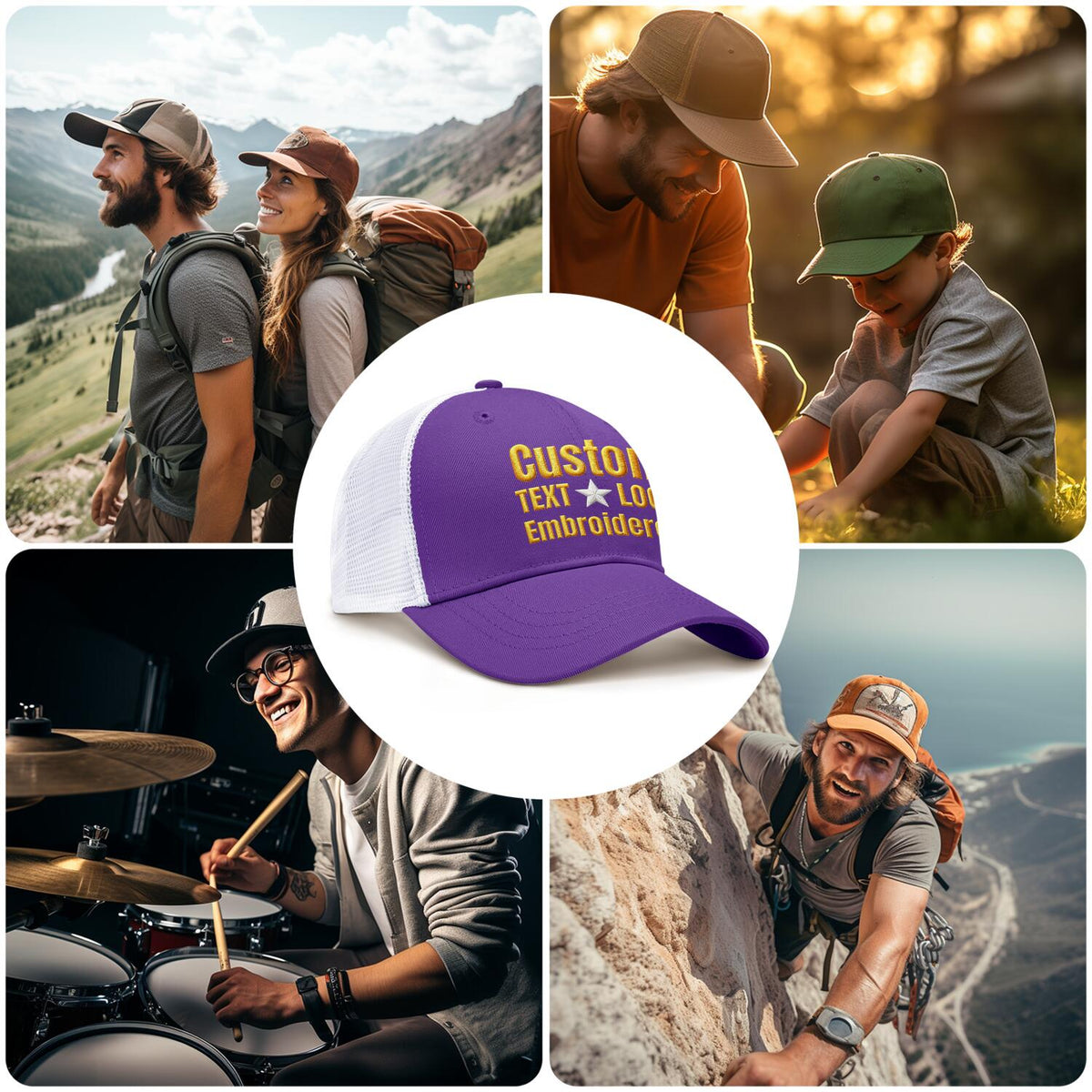 Custom Embroidered or Printed Purple & White Trucker Cap | Breathable mesh cap