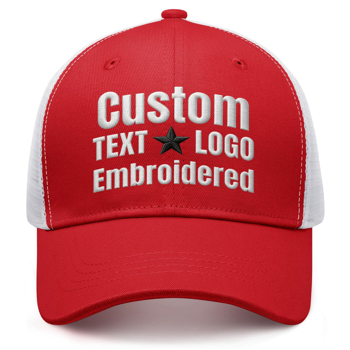 Custom embroidered red &amp; white trucker cap by Vosoli | Personalized with text &amp; logo | Breathable mesh cap