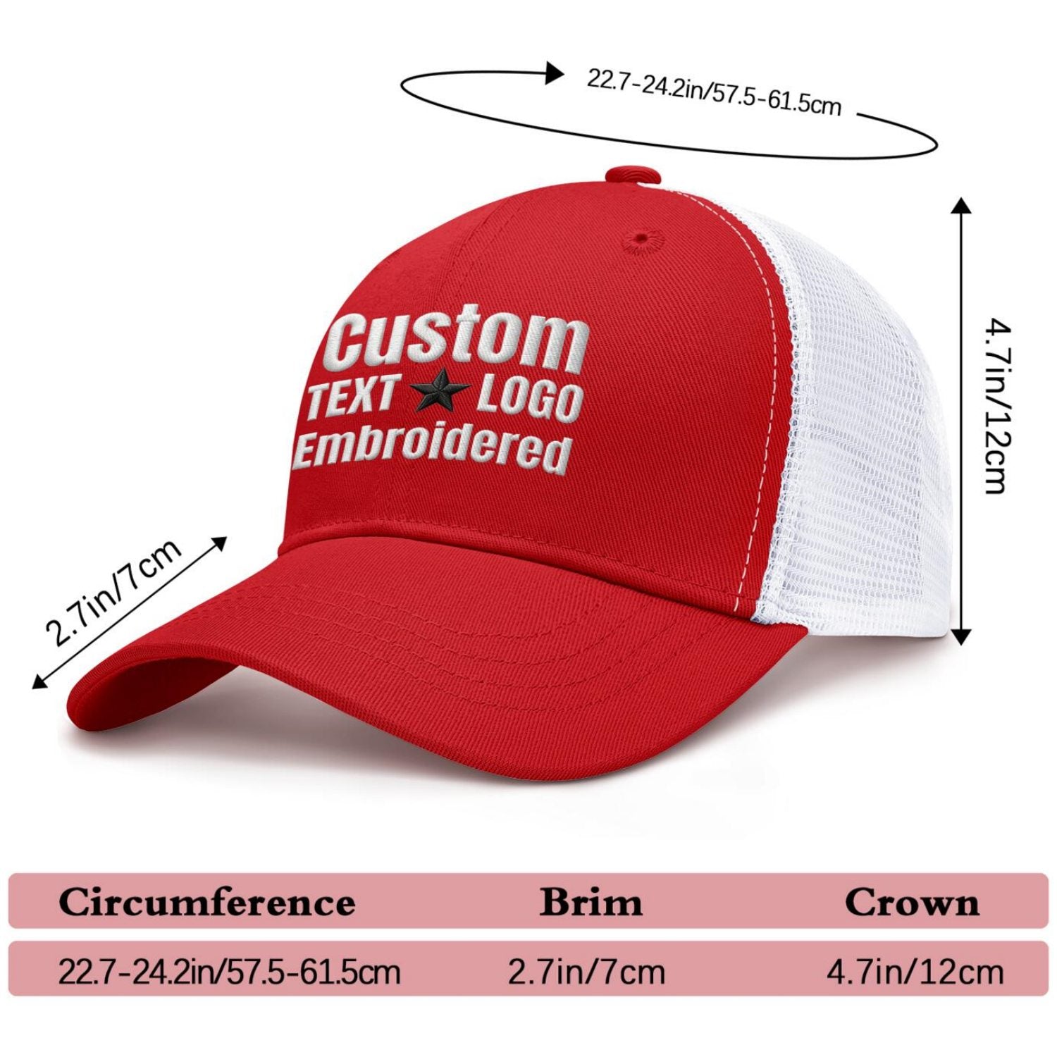Custom embroidered red & white trucker cap by Vosoli | Personalized with text & logo | Breathable mesh cap