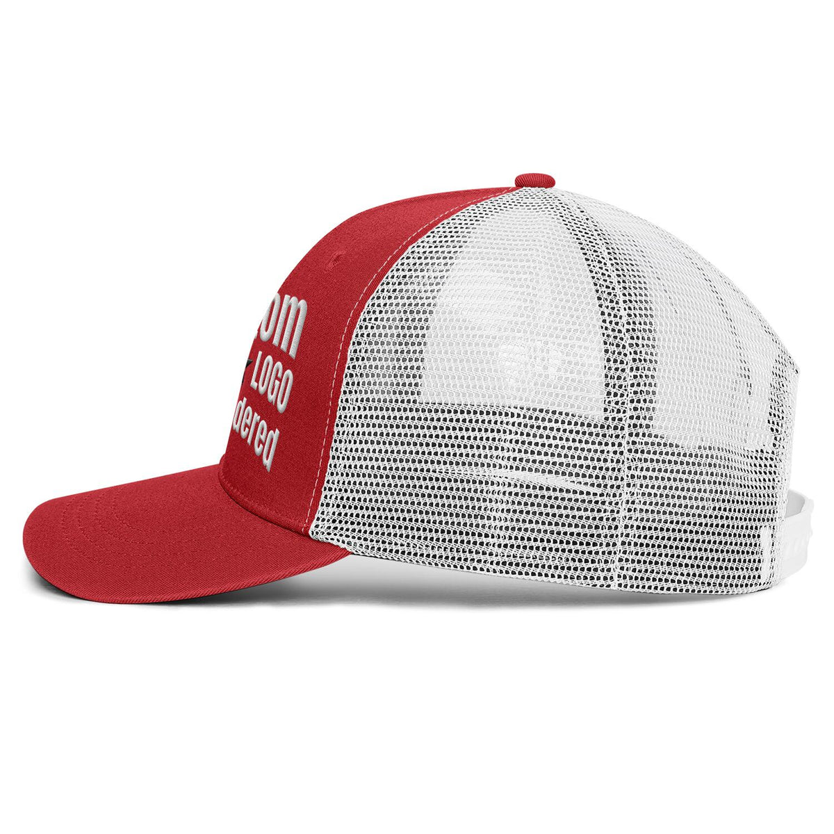 Custom Embroidered or Printed Red & White Trucker Cap | Breathable mesh cap