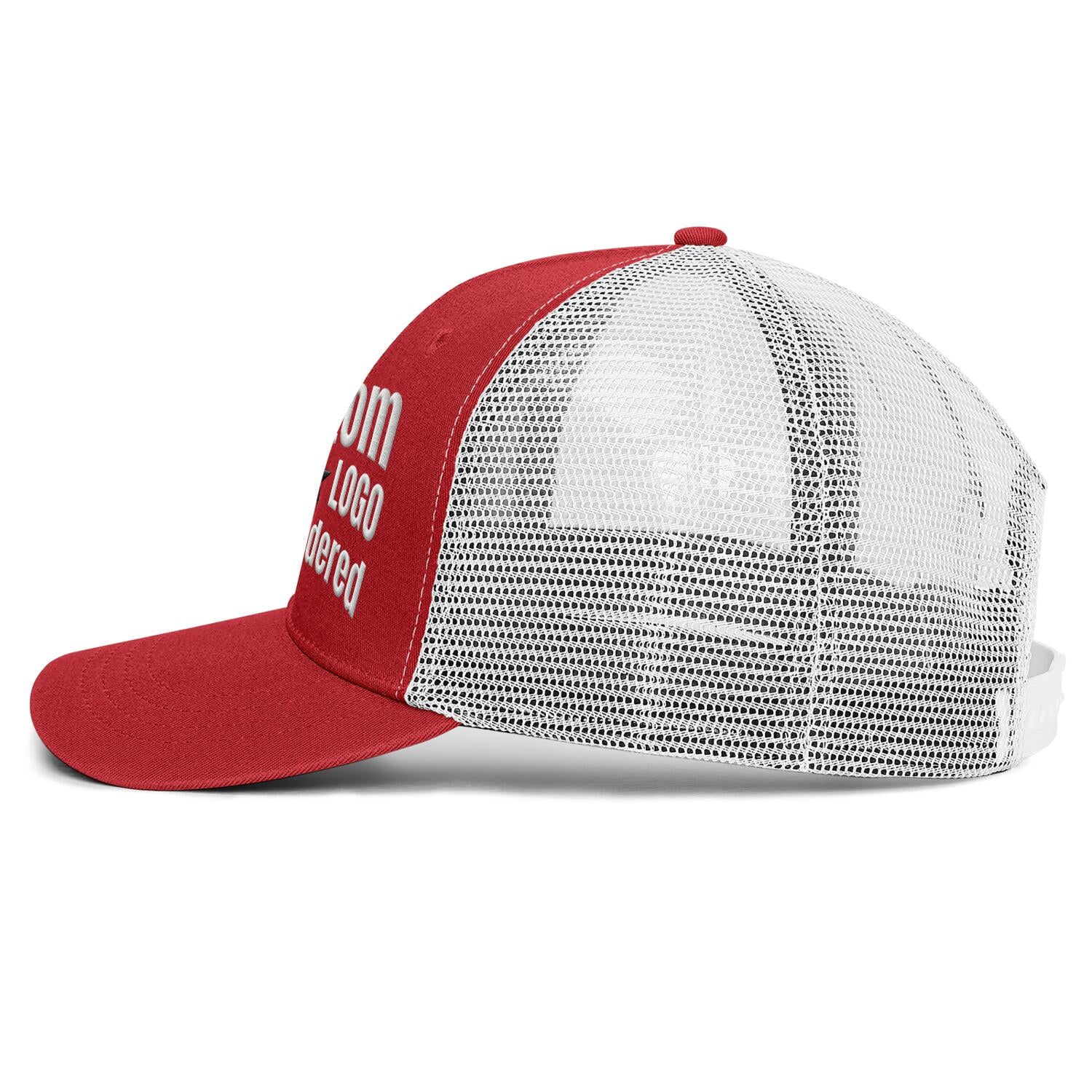 Custom Embroidered or Printed Red & White Trucker Cap | Breathable mesh cap