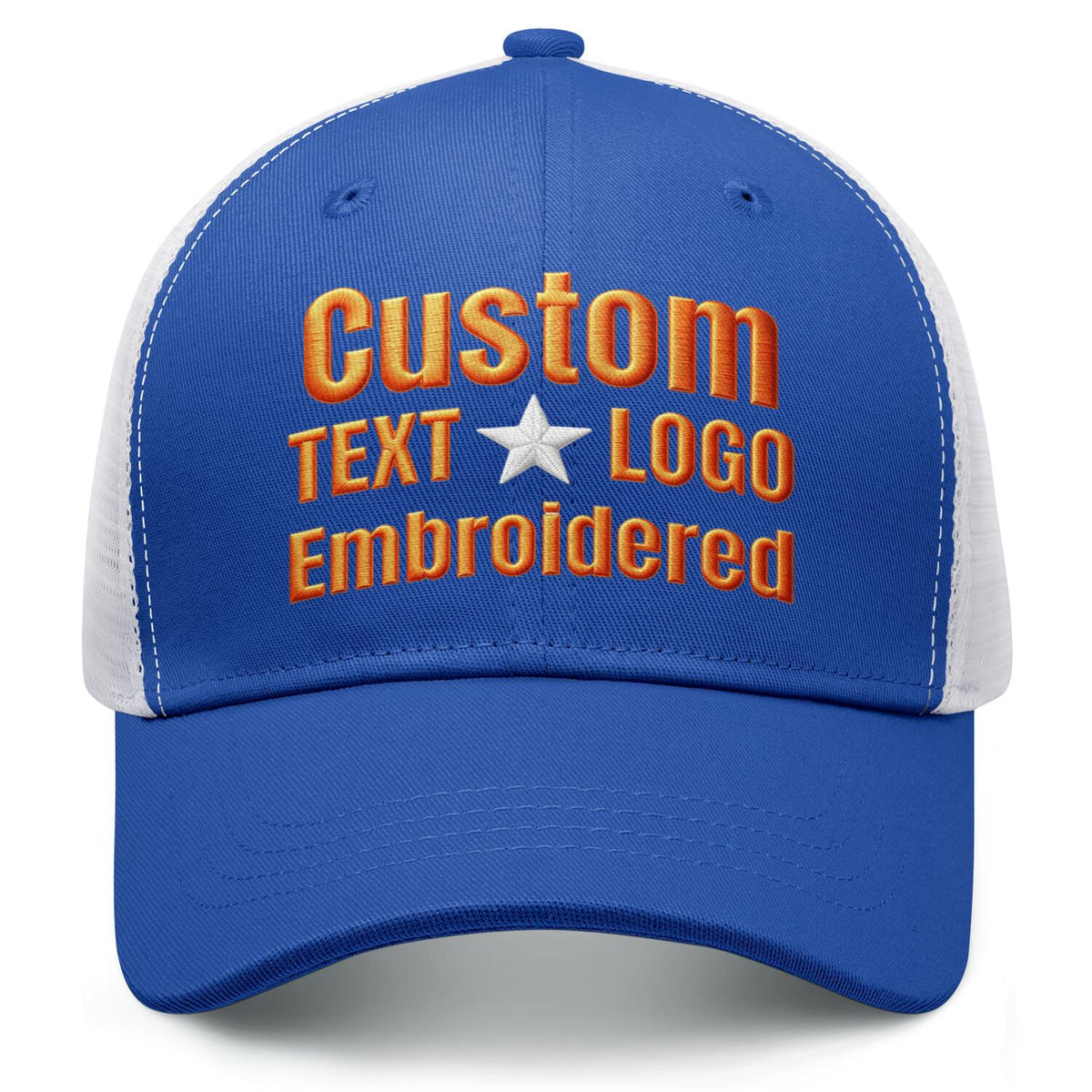 Custom embroidered royal blue &amp; white trucker cap by Vosoli | Personalized with text &amp; logo | Breathable mesh cap