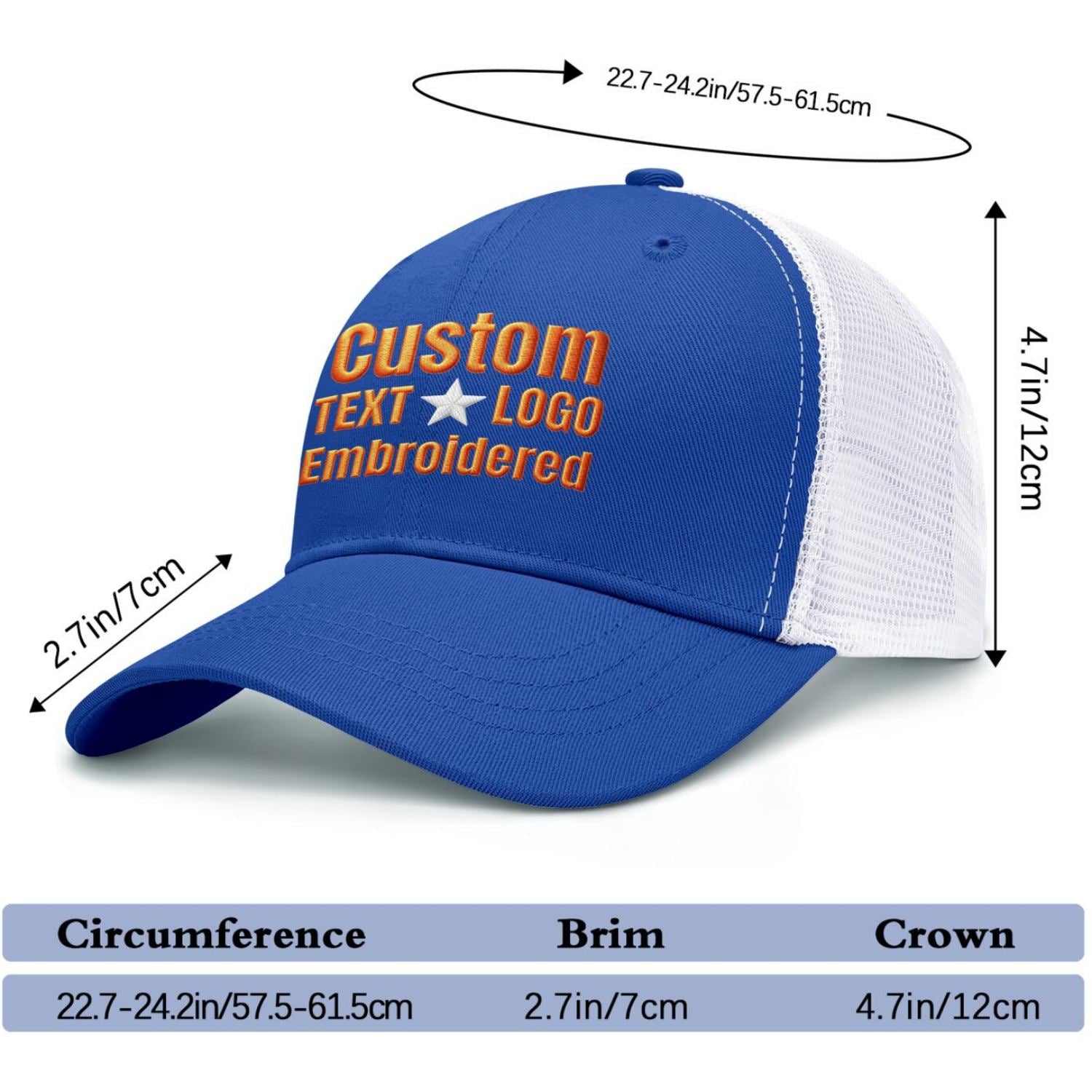 Custom embroidered royal blue & white trucker cap by Vosoli | Personalized with text & logo | Breathable mesh cap