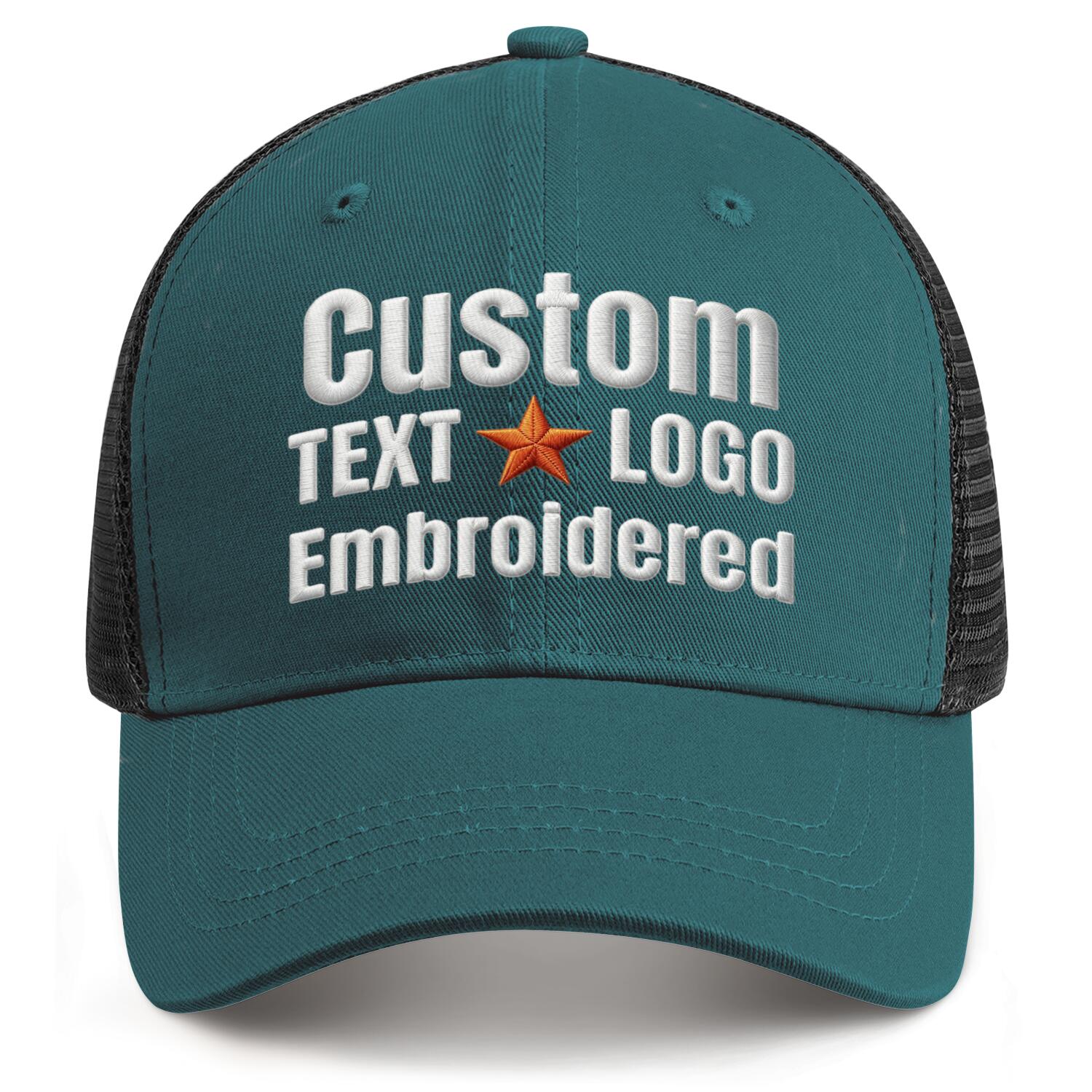 Custom embroidered teal & black trucker cap by Vosoli | Personalized with text & logo | Breathable mesh cap