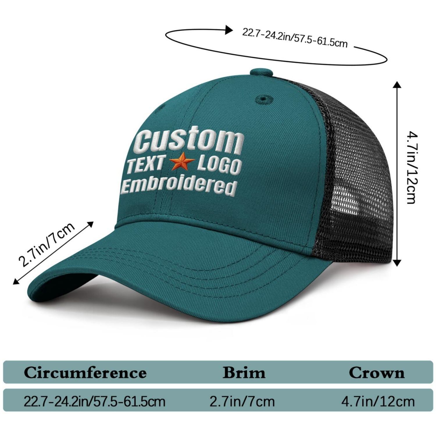 Custom embroidered teal & black trucker cap by Vosoli | Personalized with text & logo | Breathable mesh cap