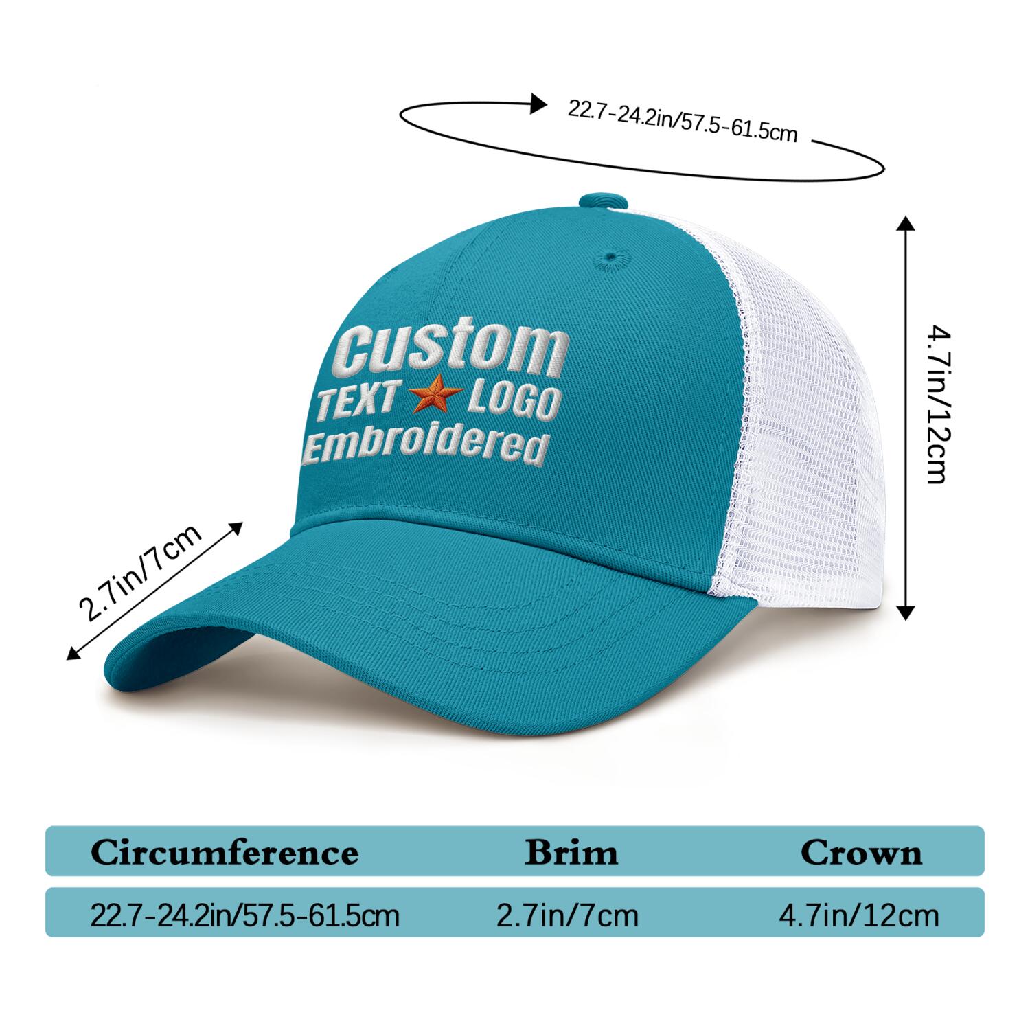 Custom Embroidered or Printed Turquoise & White Trucker Cap | Breathable mesh cap