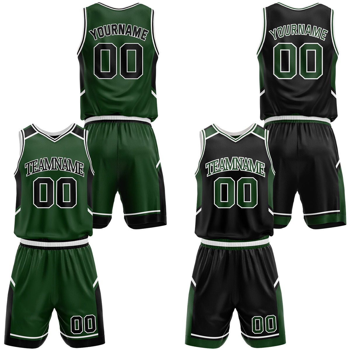 Custom forest green and black retro basketball team uniforms, personalized name, number and logo, breathable mesh for youth &amp; adult.