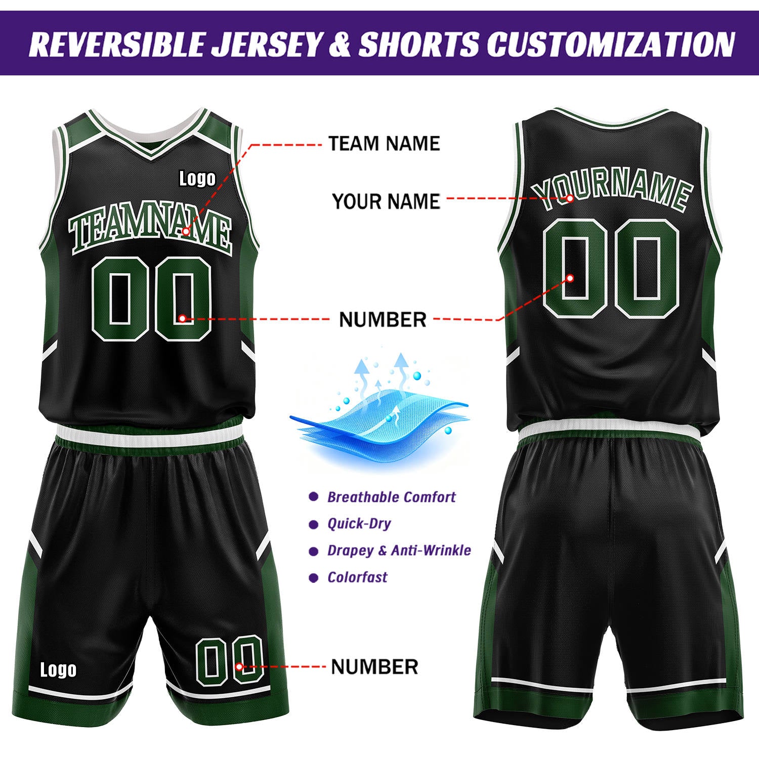 Custom Reversible Basketball Uniform Set | Forest Green & Black V-Neck Sleeveless Jersey & Athletic Shorts