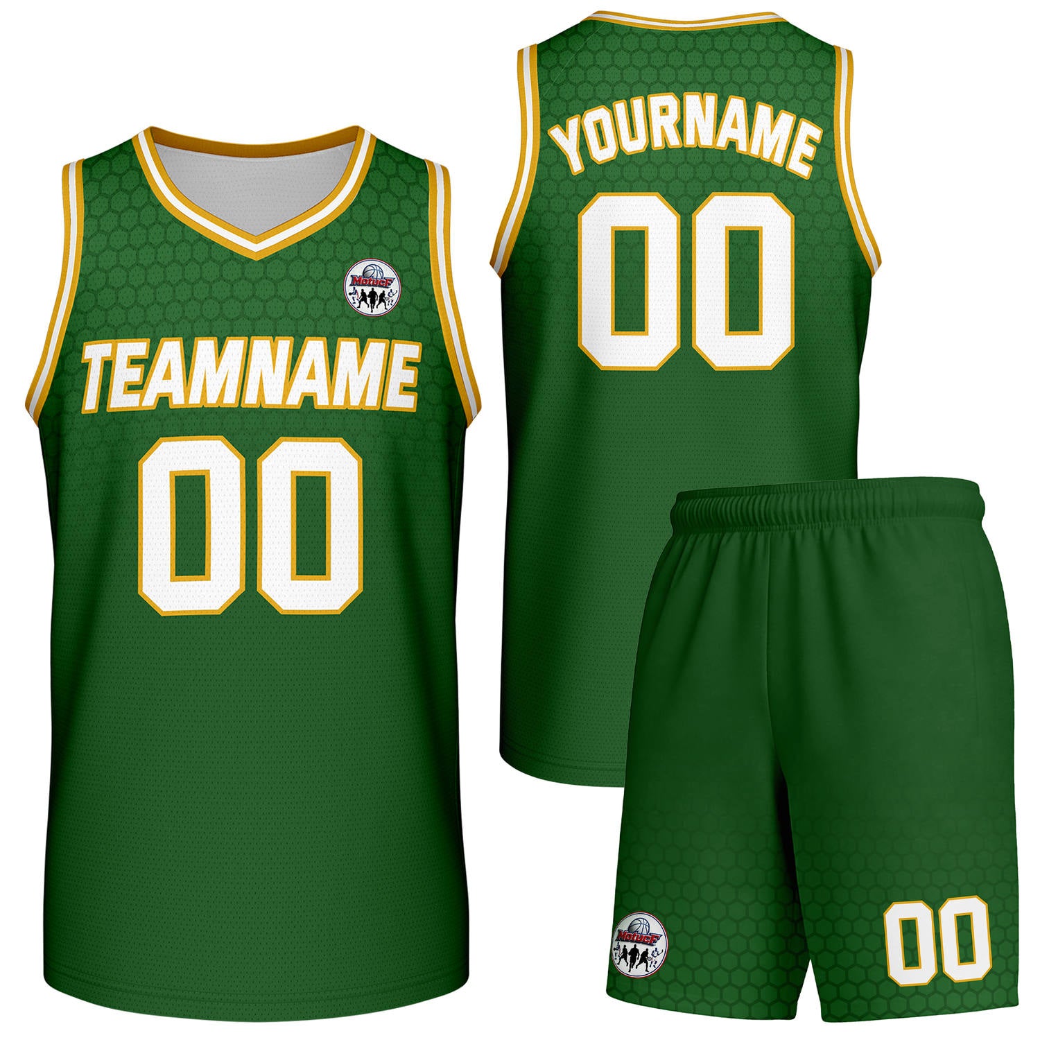 Custom green honeycomb-pattern basketball uniform set, personalized team name number logo breathable mesh jersey and shorts men women youth game practice - Vosoli