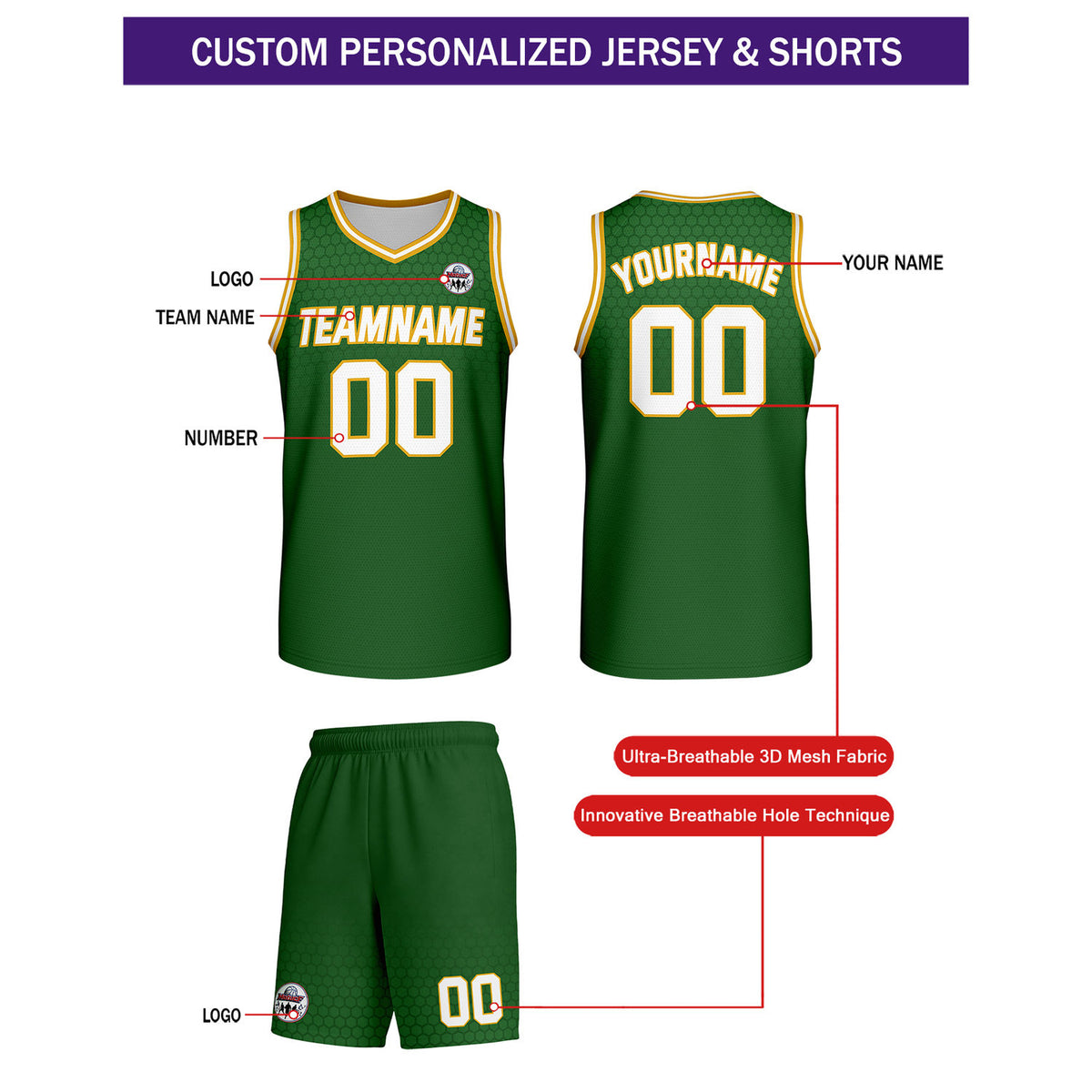Custom Forest Green & Gold Honeycomb Basketball Uniform Set | Personalized Team Name & Number - Vosoli