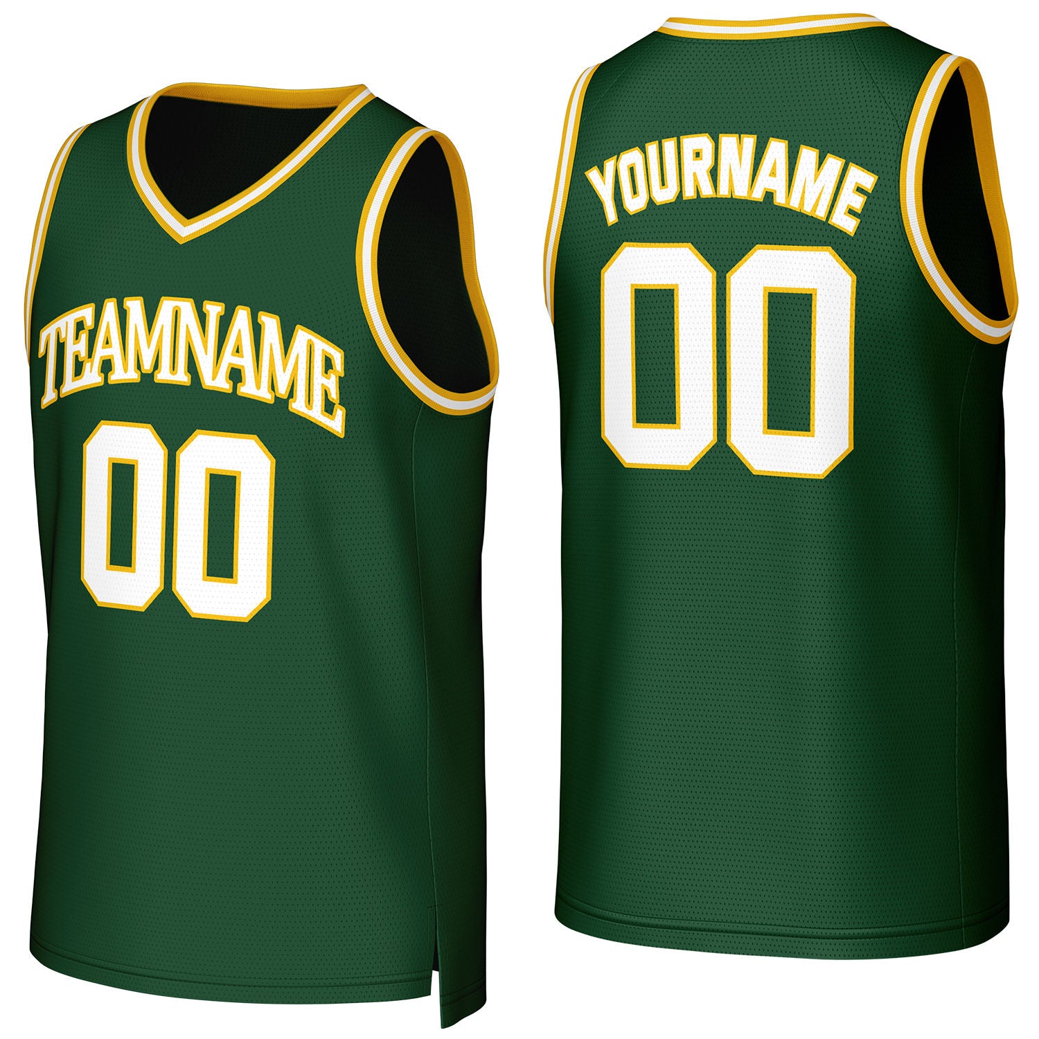 Custom forest green-white V-neck mesh basketball jersey by Vosoli | Personalized name & number team uniform for youth & adults