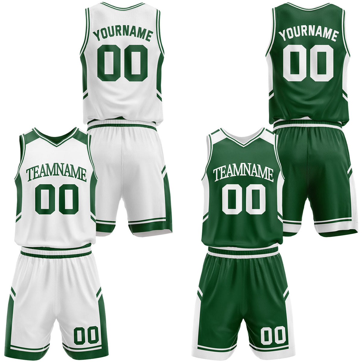 Custom forest green and white middle school basketball uniforms, reversible jersey and shorts set with personalized name &amp; number, breathable mesh for adult &amp; youth.