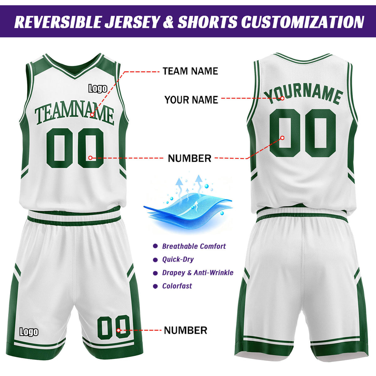 Custom Reversible Basketball Uniform Set | Forest Green & White V-Neck Sleeveless Jersey & Athletic Shorts