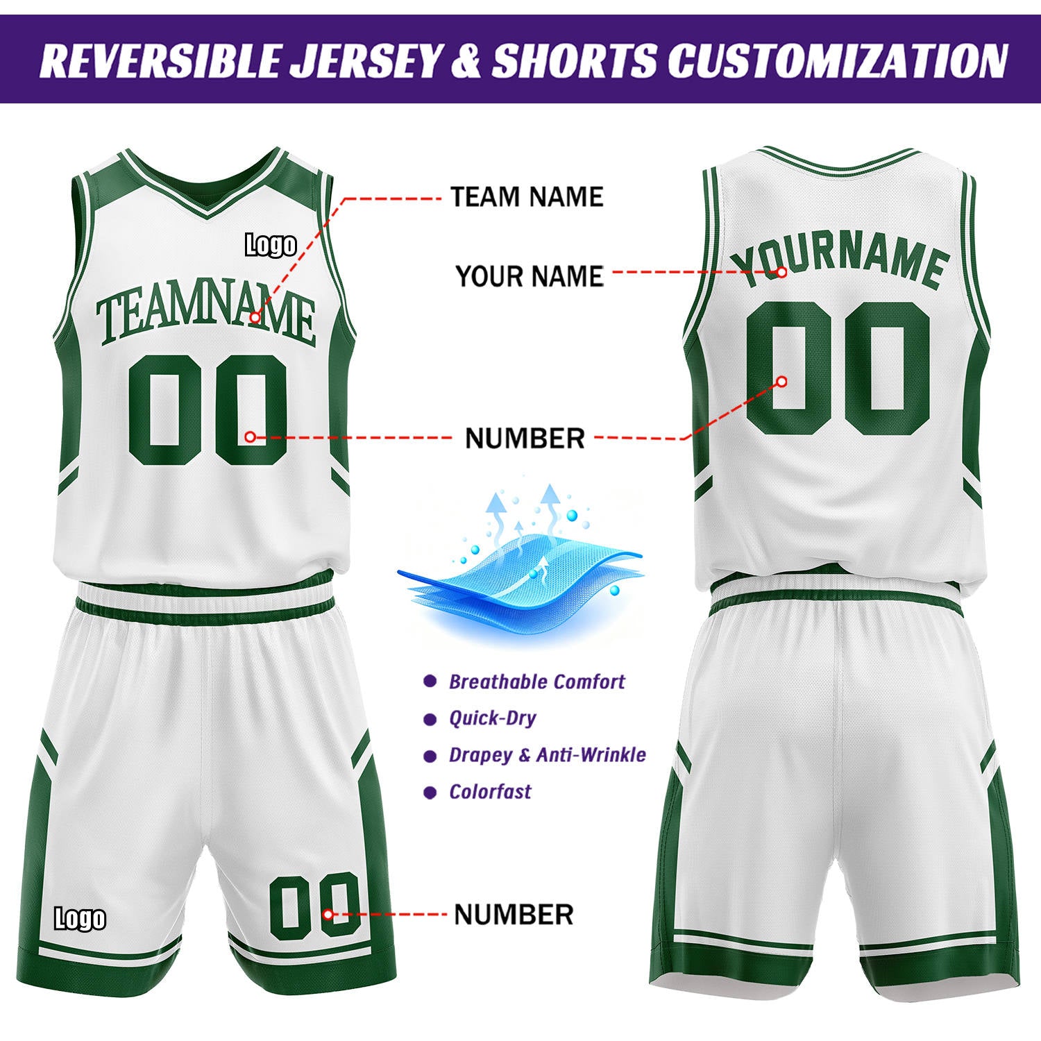 Custom Reversible Basketball Uniform Set | Forest Green & White V-Neck Sleeveless Jersey & Athletic Shorts