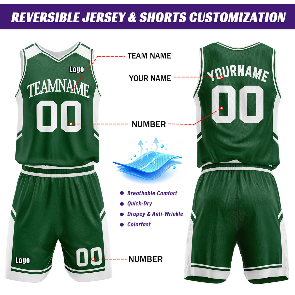 Custom Reversible Basketball Uniform Set | Forest Green & White V-Neck Sleeveless Jersey & Athletic Shorts