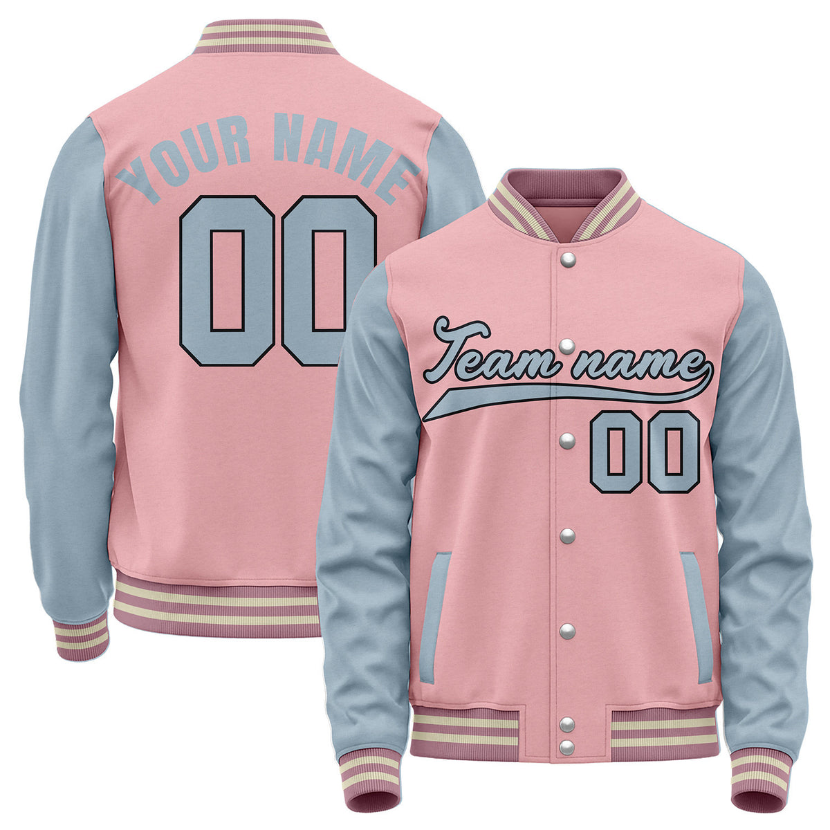 Custom girls baseball jackets, pink and dusty blue retro collegiate varsity letterman bomber jacket, personalized team name, number and logo.