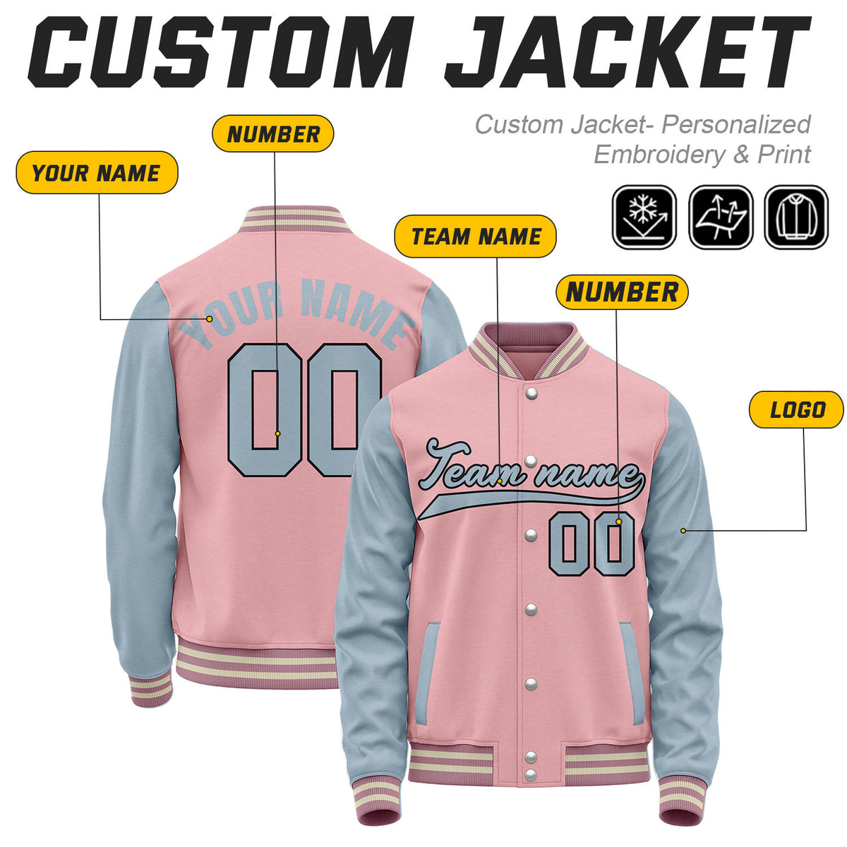 Custom Pink & Dusty Blue Baseball Bomber Jacket | Retro Collegiate Varsity & Letterman