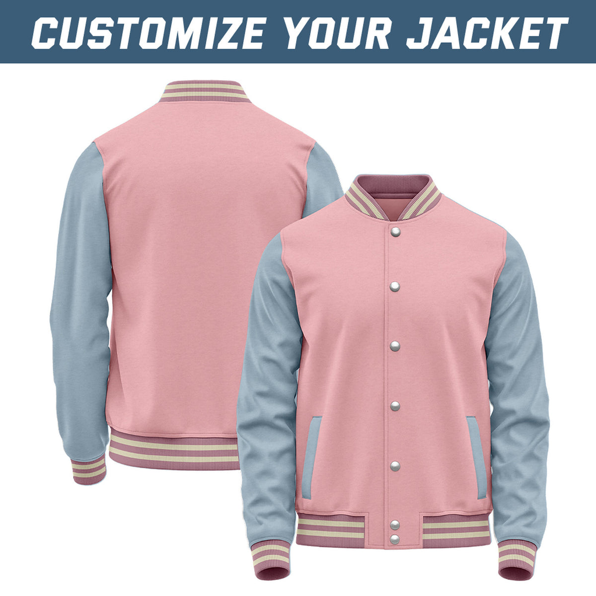 Custom Pink & Dusty Blue Baseball Bomber Jacket | Retro Collegiate Varsity & Letterman