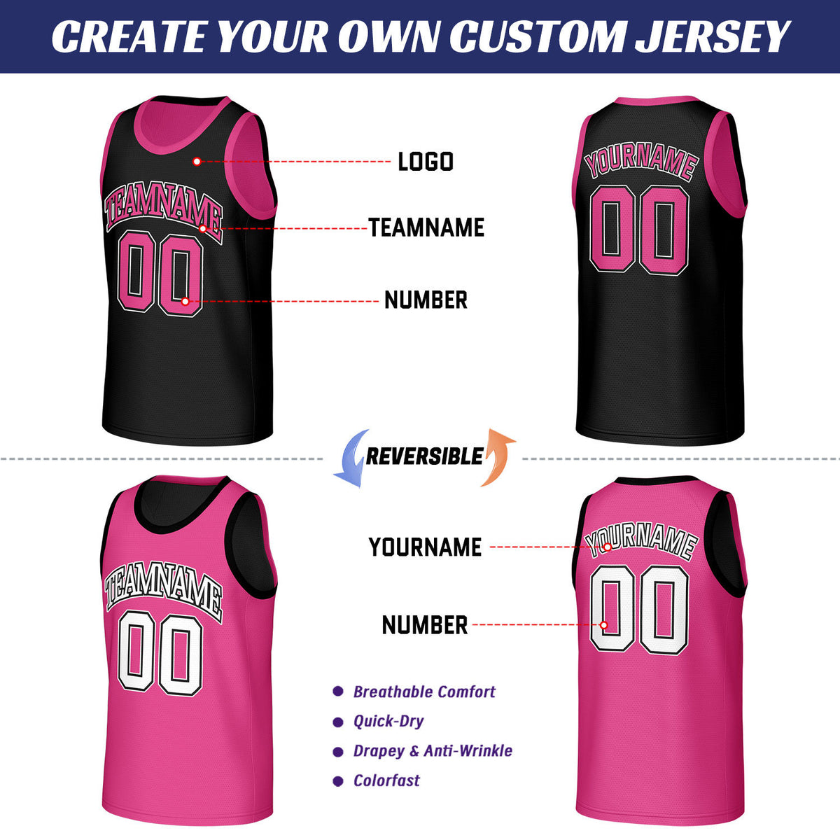 Custom Black & Pink Reversible Basketball Jersey | Personalized Team Name & Number Sleeveless Mesh Jersey for Men Women Youth