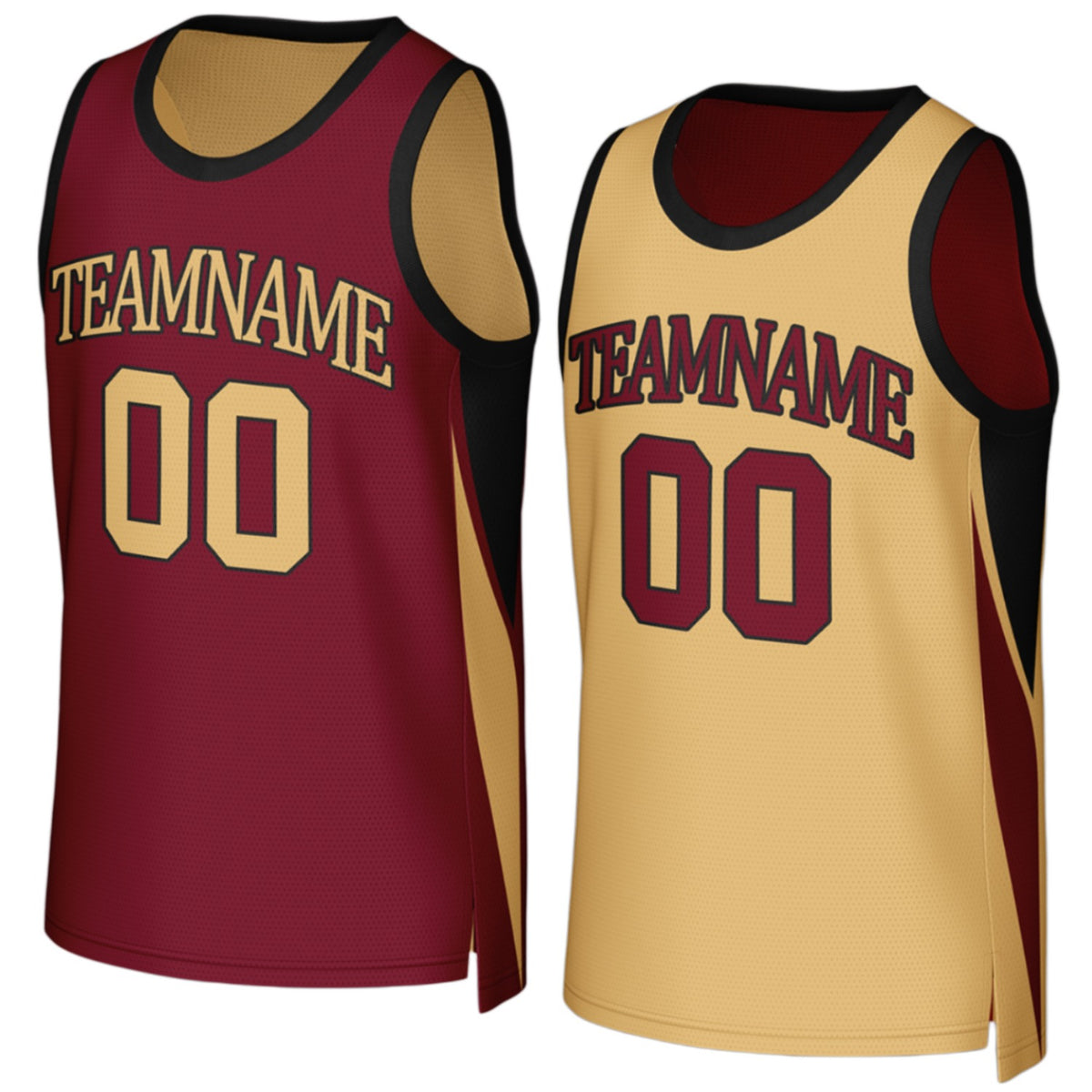 Custom girls basketball jerseys reversible maroon‑gold jersey by Vosoli, personalized team name, number & logo on both sides, breathable mesh 2‑in‑1 for girls, high school and AAU teams