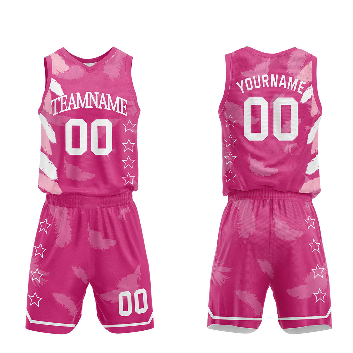 Custom girls basketball jerseys set, hot pink feather sublimated jersey and shorts with personalized team name, player number and logo, breathable quick dry mesh for girls games.