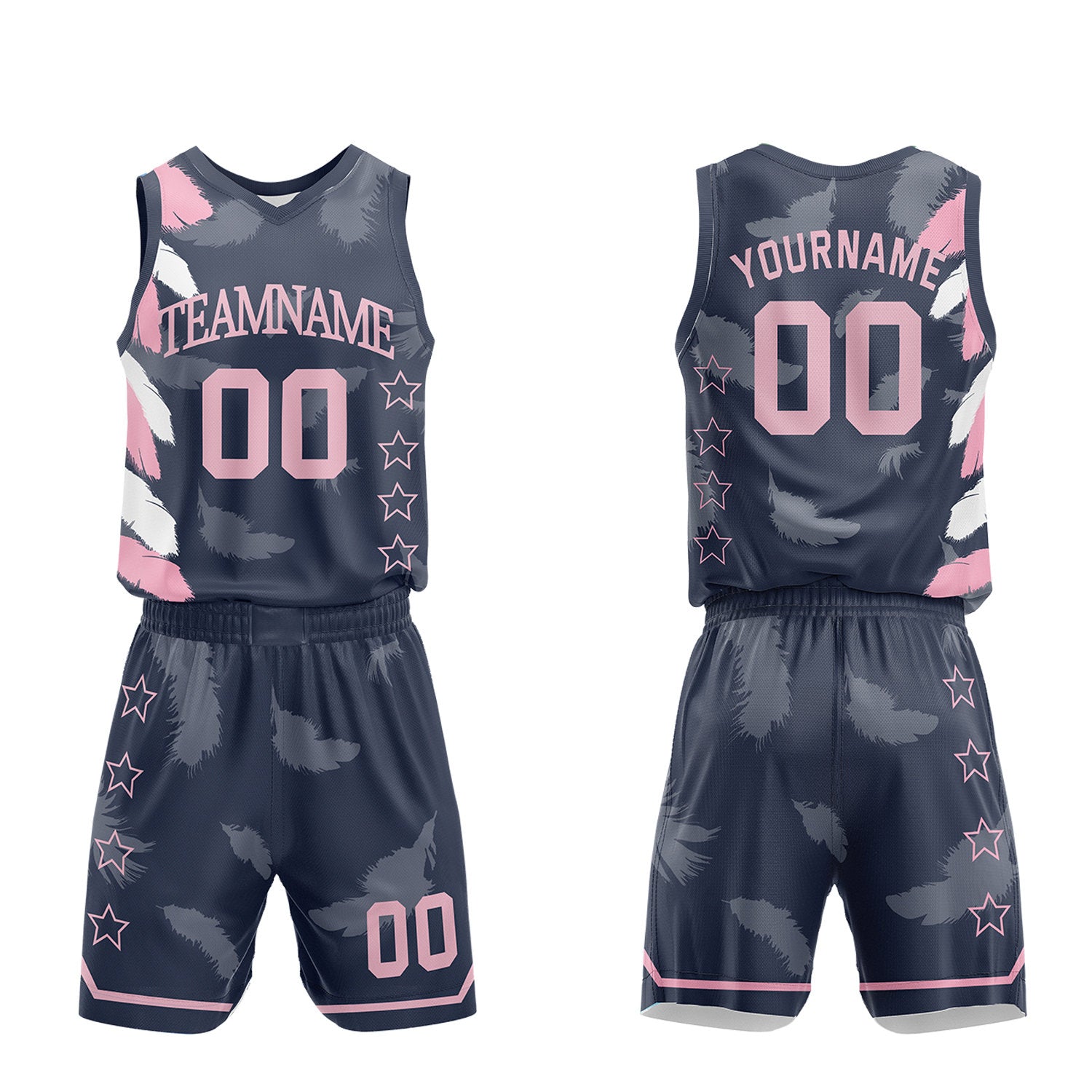 Custom girls basketball jerseys set, navy pink feather sublimated jersey and shorts with personalized team name, player number and logo, breathable quick dry mesh for girls games.