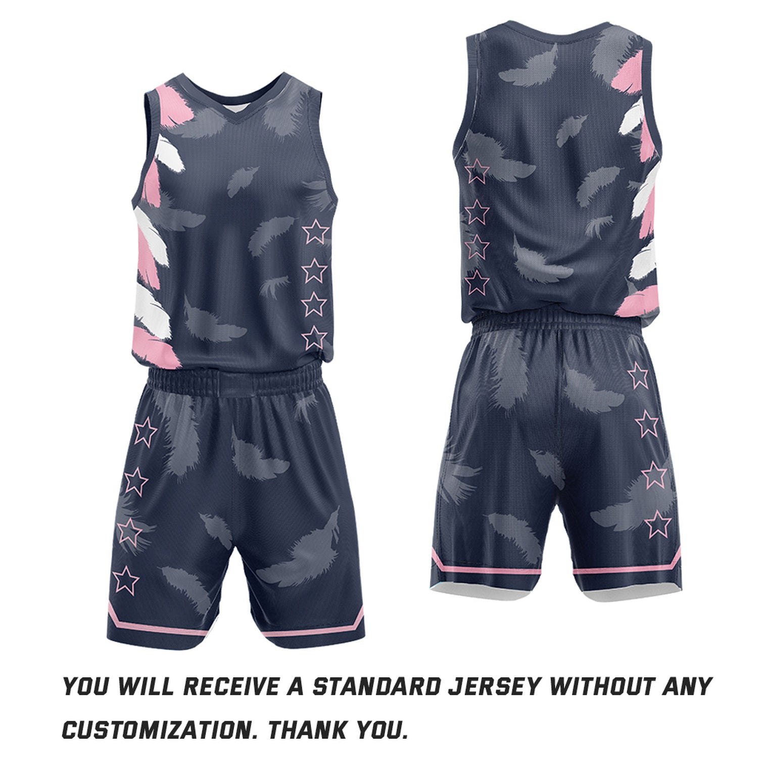 Custom Basketball Jerseys and Shorts Set | Navy Pink Feather V-Neck Sublimated Team Uniform