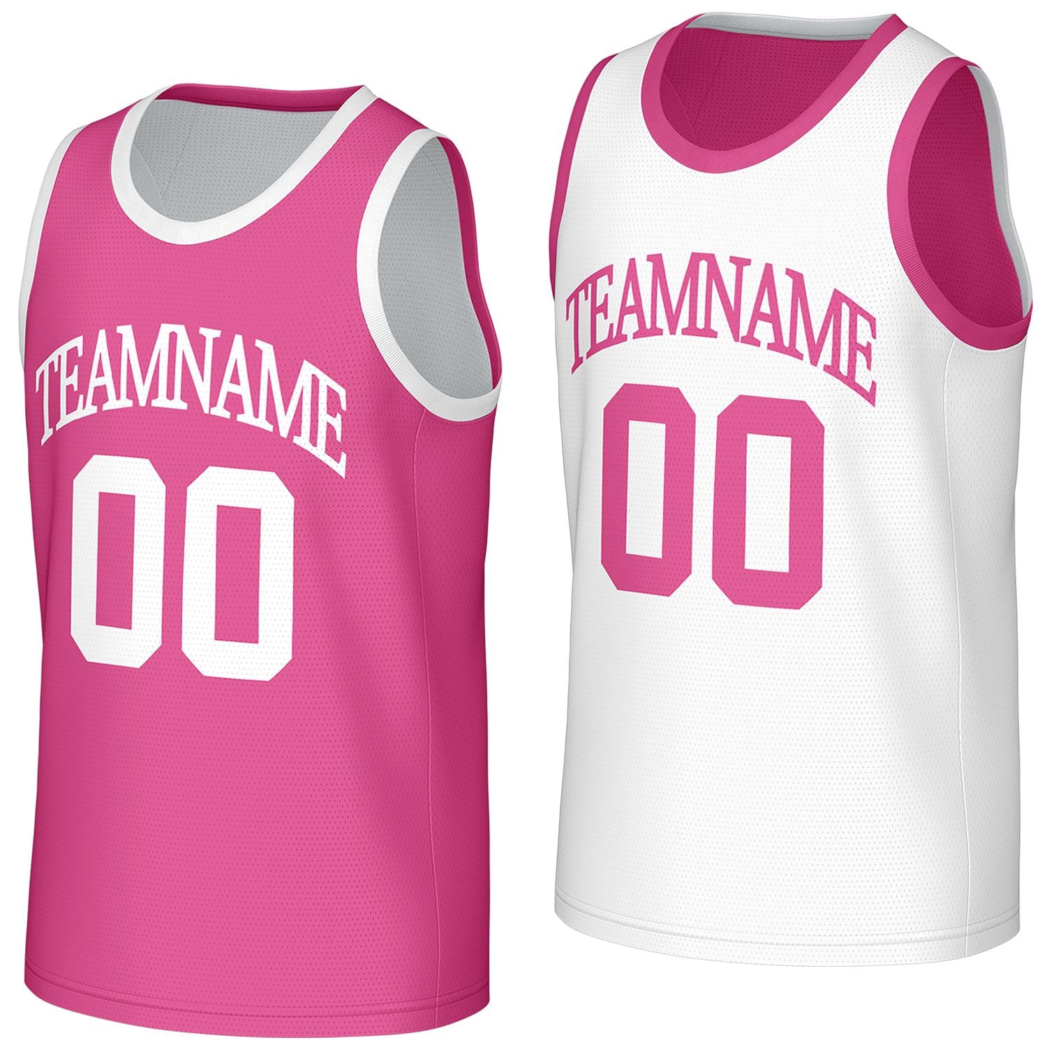 girls basketball team jerseys pink white reversible by Vosoli, personalized team name, number & logo, breathable mesh dual sided basketball jersey for girls team games