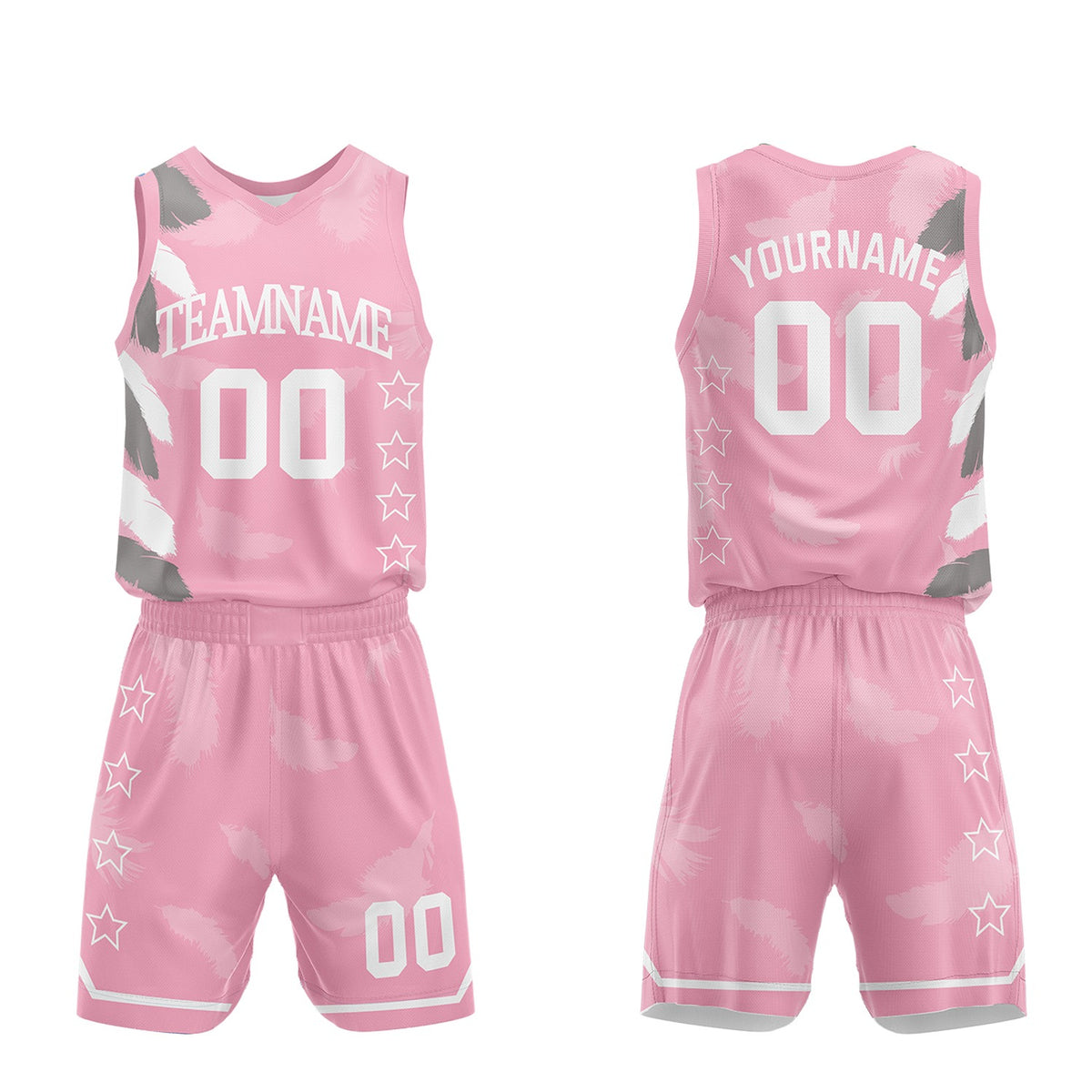ustom girls basketball uniform sets, light pink feather sublimated jersey and shorts with personalized team name, player number and logo, breathable quick dry mesh for girls games.